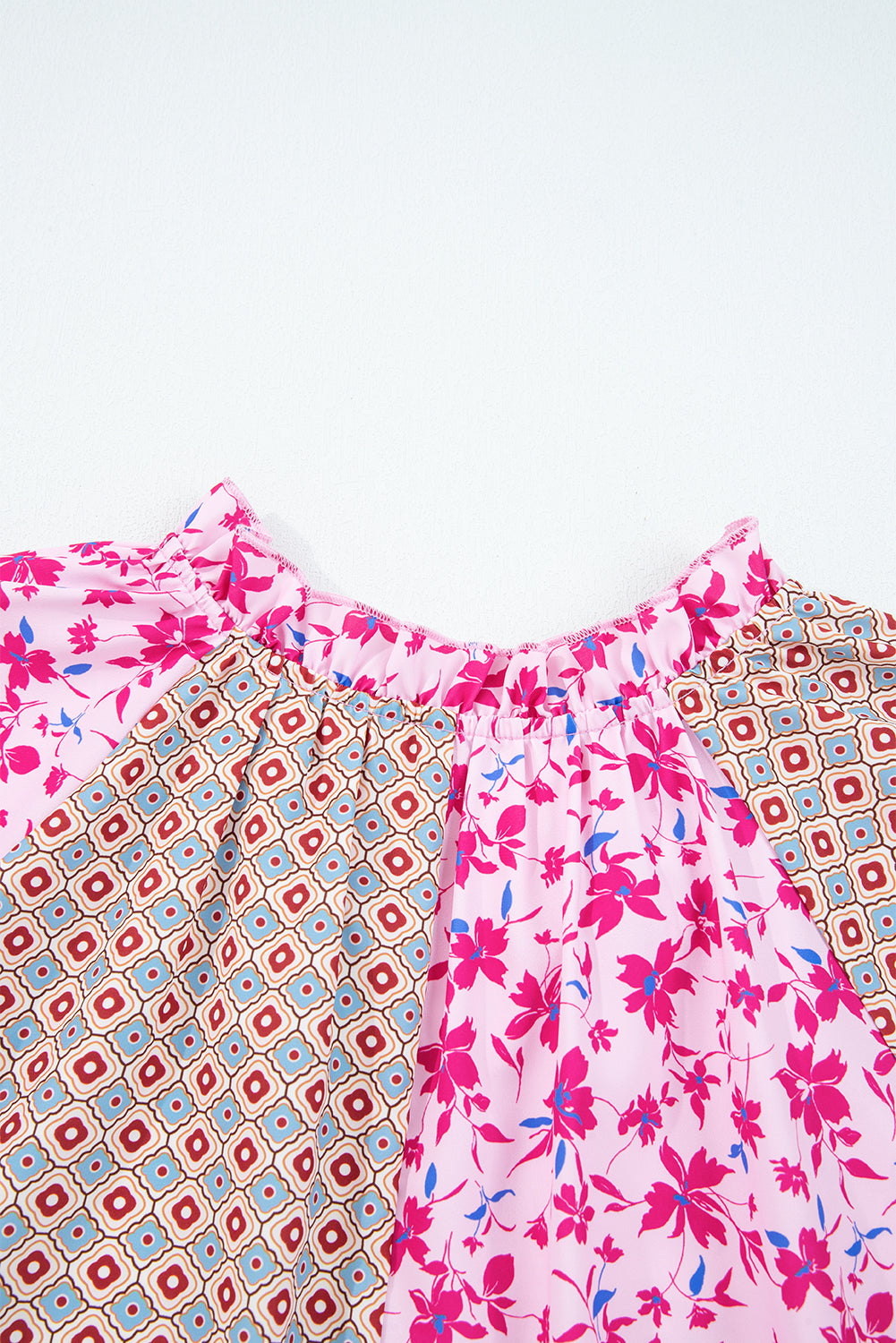 Boho Drop-Shoulder Mixed Floral Bubble Sleeve Blouse