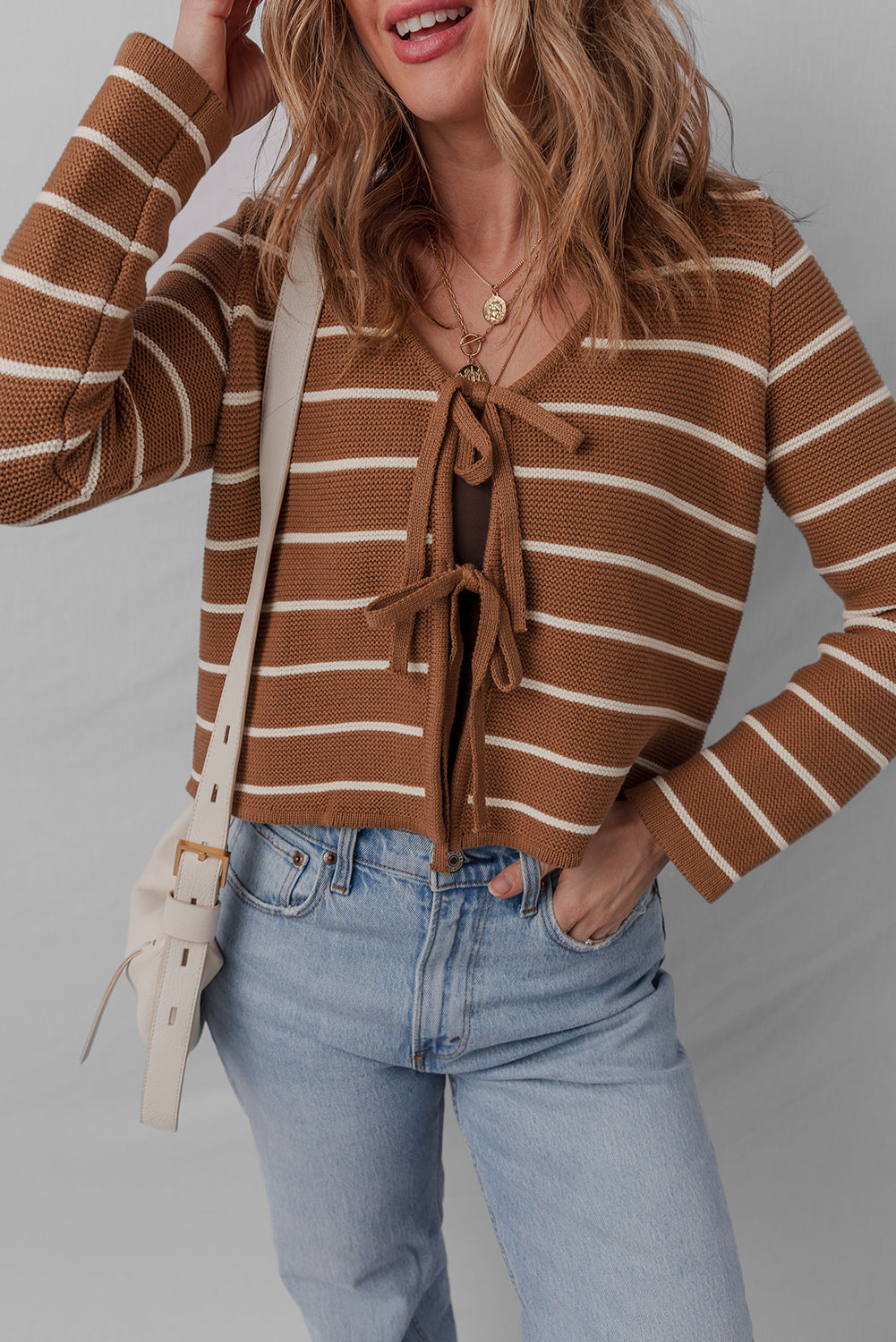 Front Striped Tie Striped Knit V-Neck Cardigan Knit Top