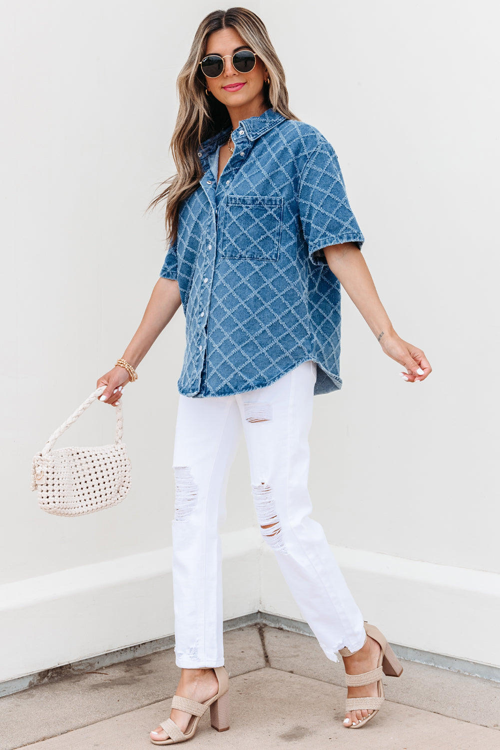 Short-Sleeved Checkered Textured Patched Pocket Denim Shirt