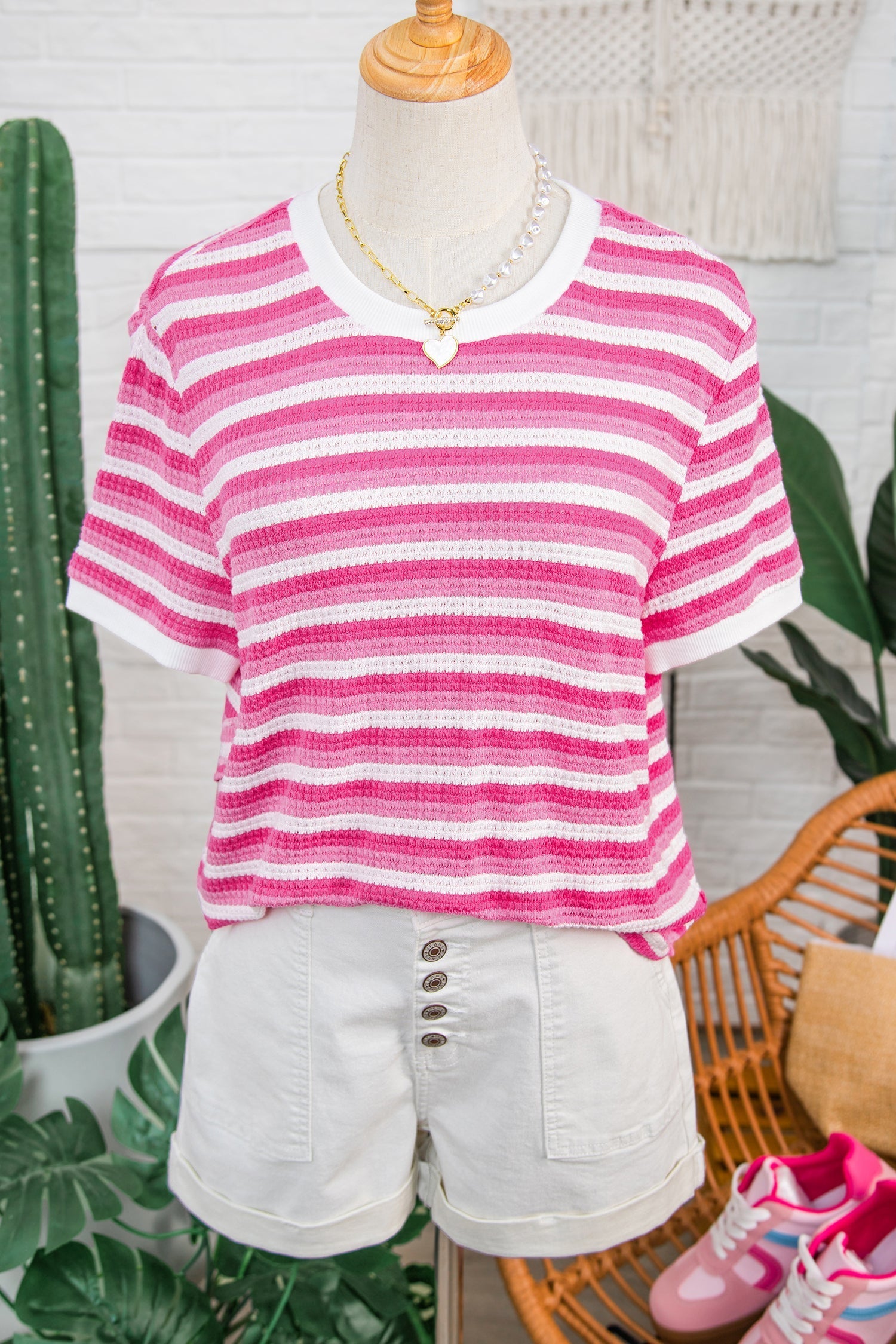 Sachet Pink Textured Knit Short-Sleeved Crossed Detail Tee