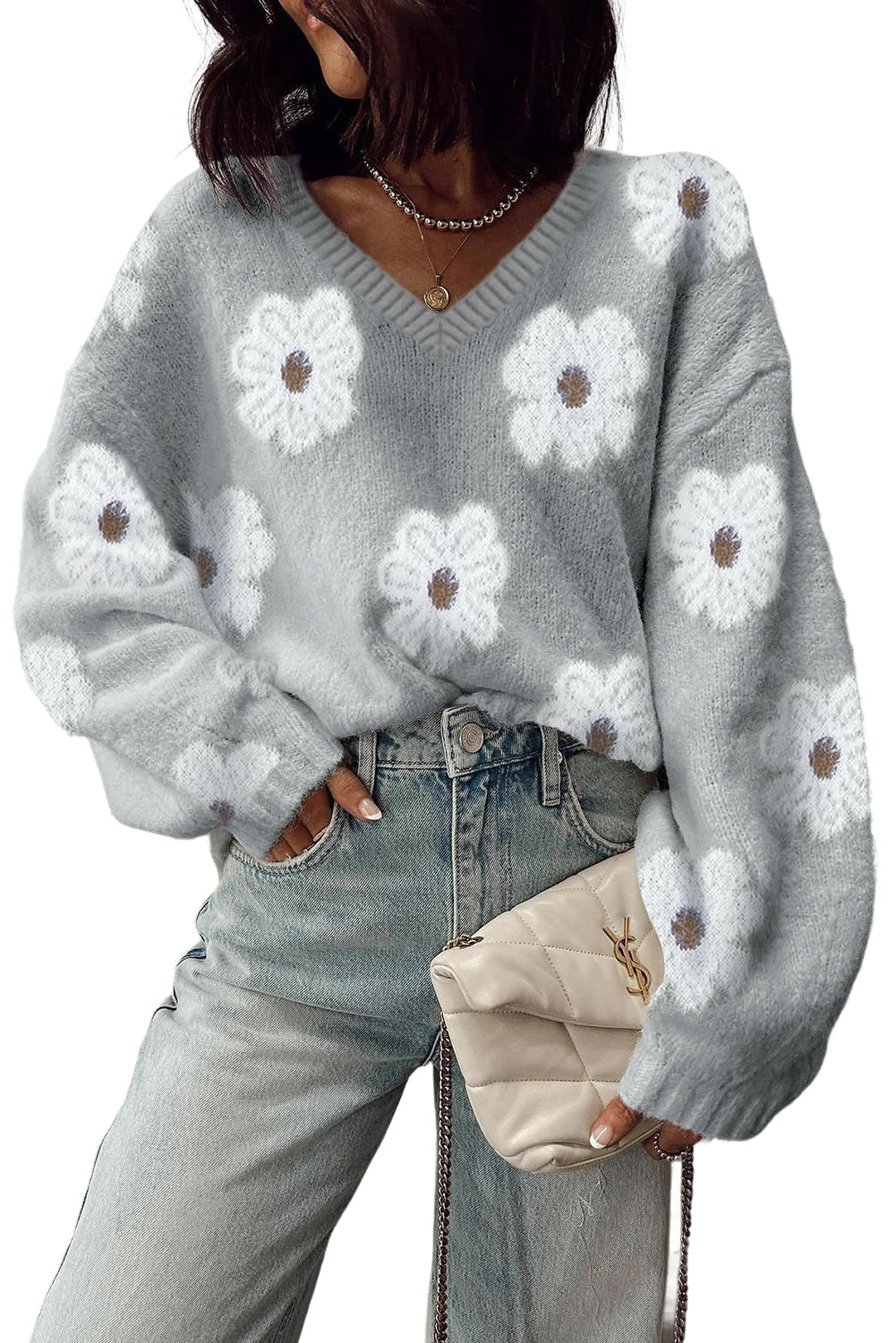 Print Cute Flower V-Neck Drop-Shoulder Baggy Knit Top