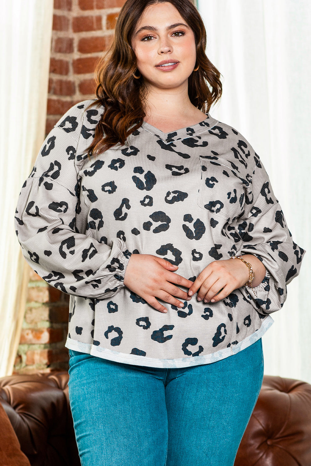 Women's Top with Leopard-Print Thermal Knitted Plus Size