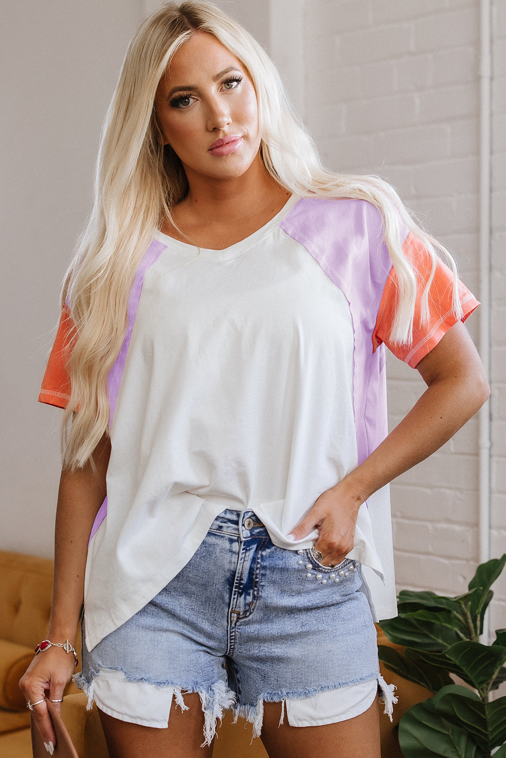 Colorblock Patchwork V Neck Exposed Seam High Low T Shirt