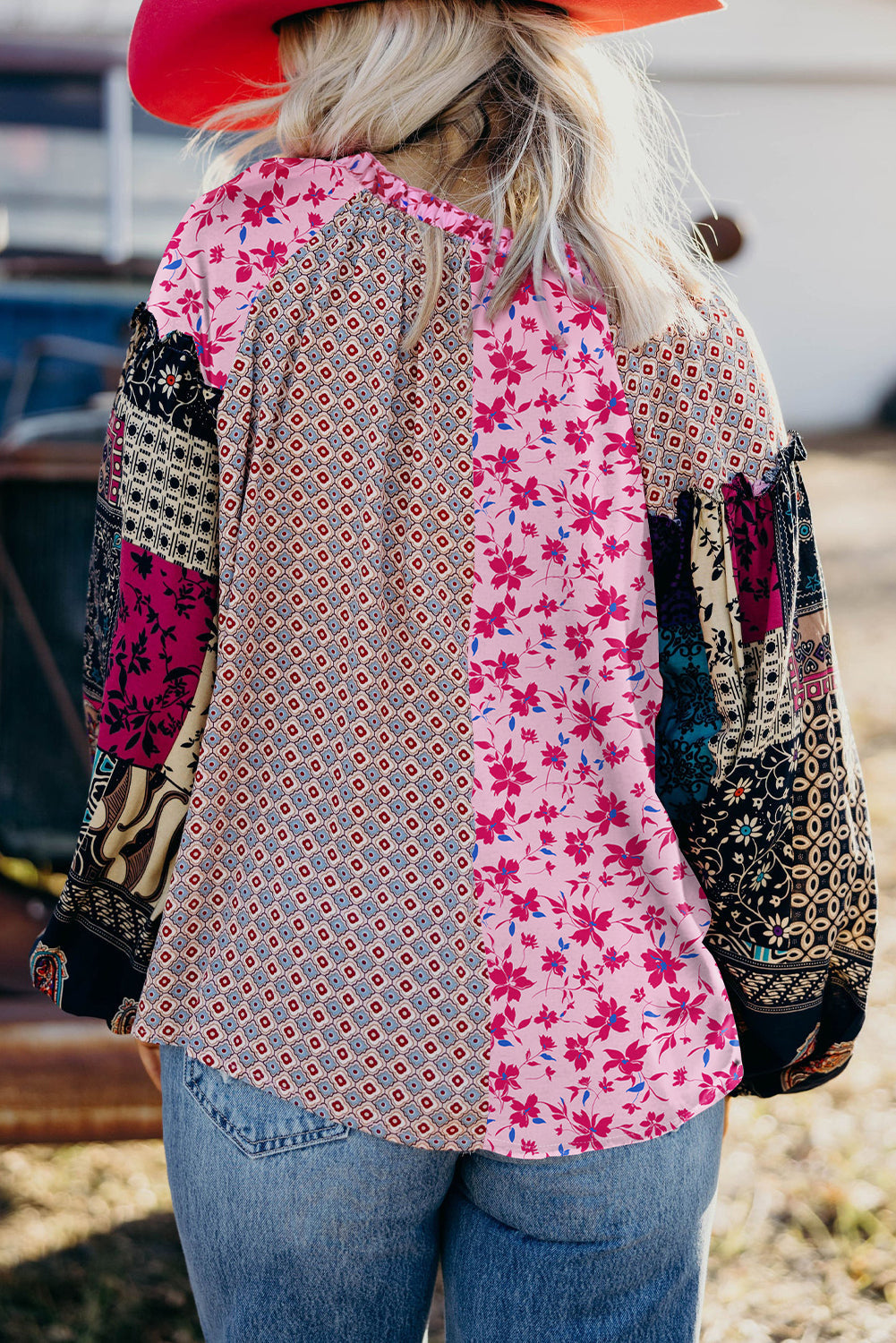 Boho Drop-Shoulder Mixed Floral Bubble Sleeve Blouse