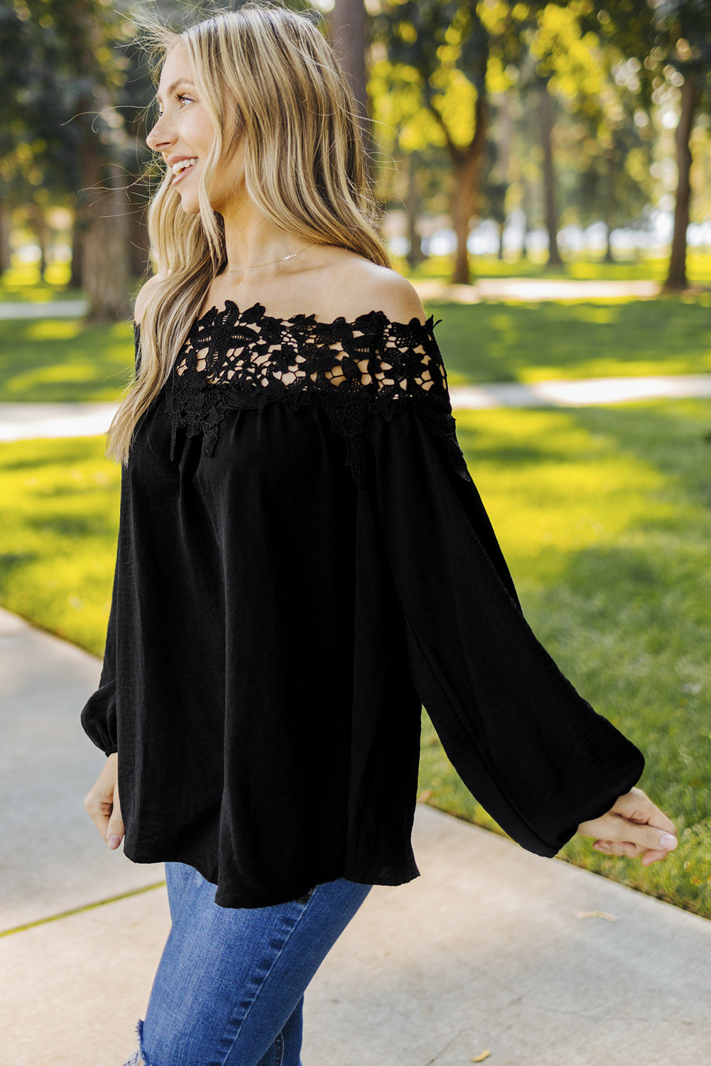 Top for Women Off The Shoulder Blooming Lace-Trimmed