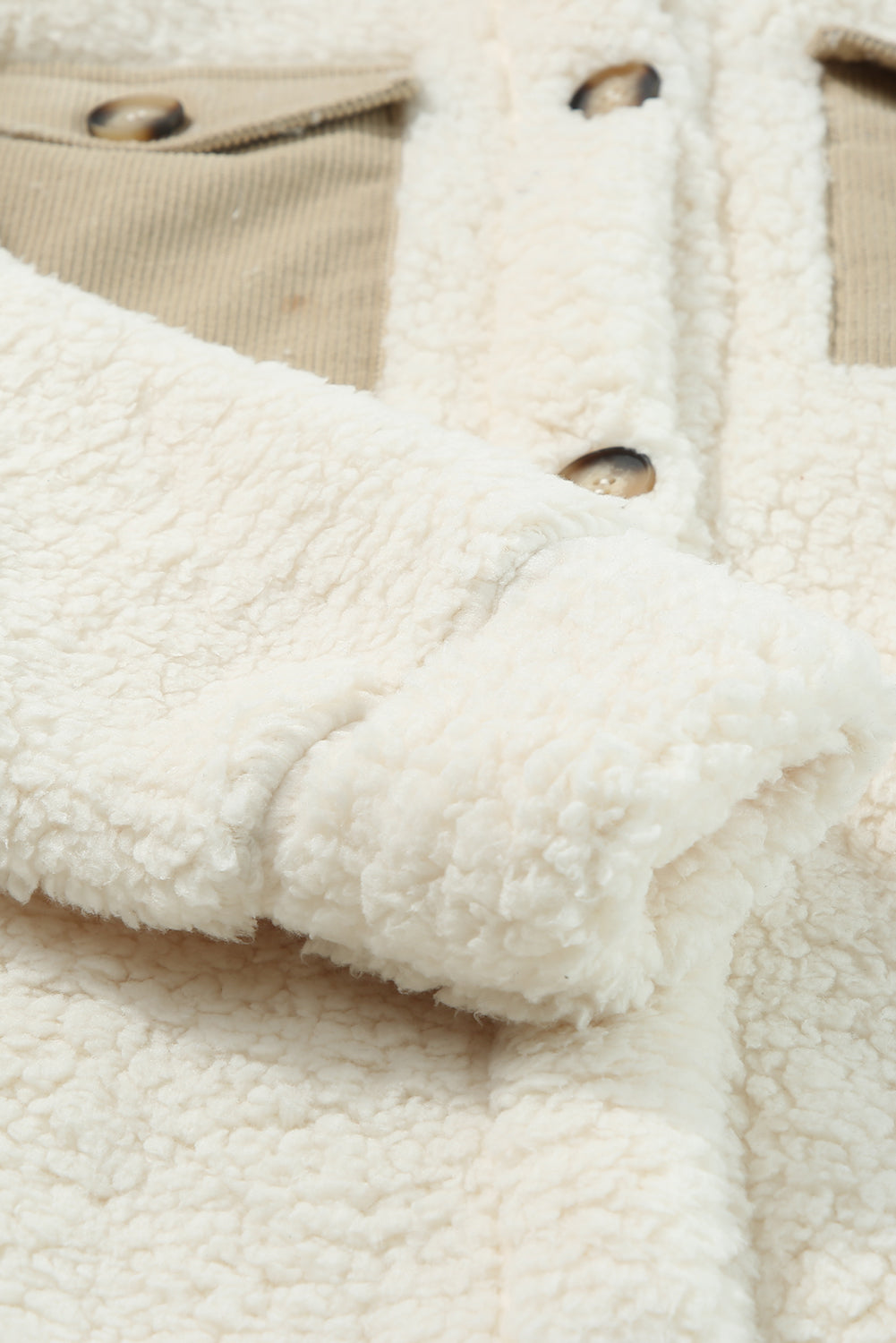 Contrast Flap Pocket Single Breasted Teddy Coat in Beige