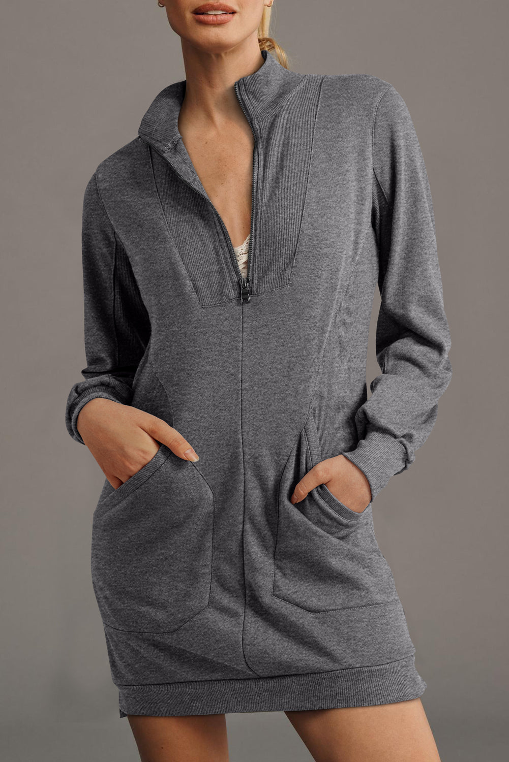 Zip-Front Patchwork Collared Rib-Knit Sweatshirt Dress Featuring Pockets