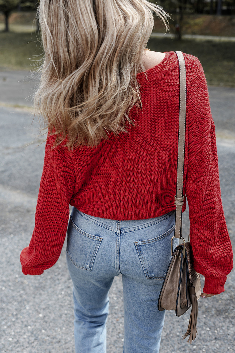Solid Textured Knit V-Neck Drop-Shoulder Knit Top in Red