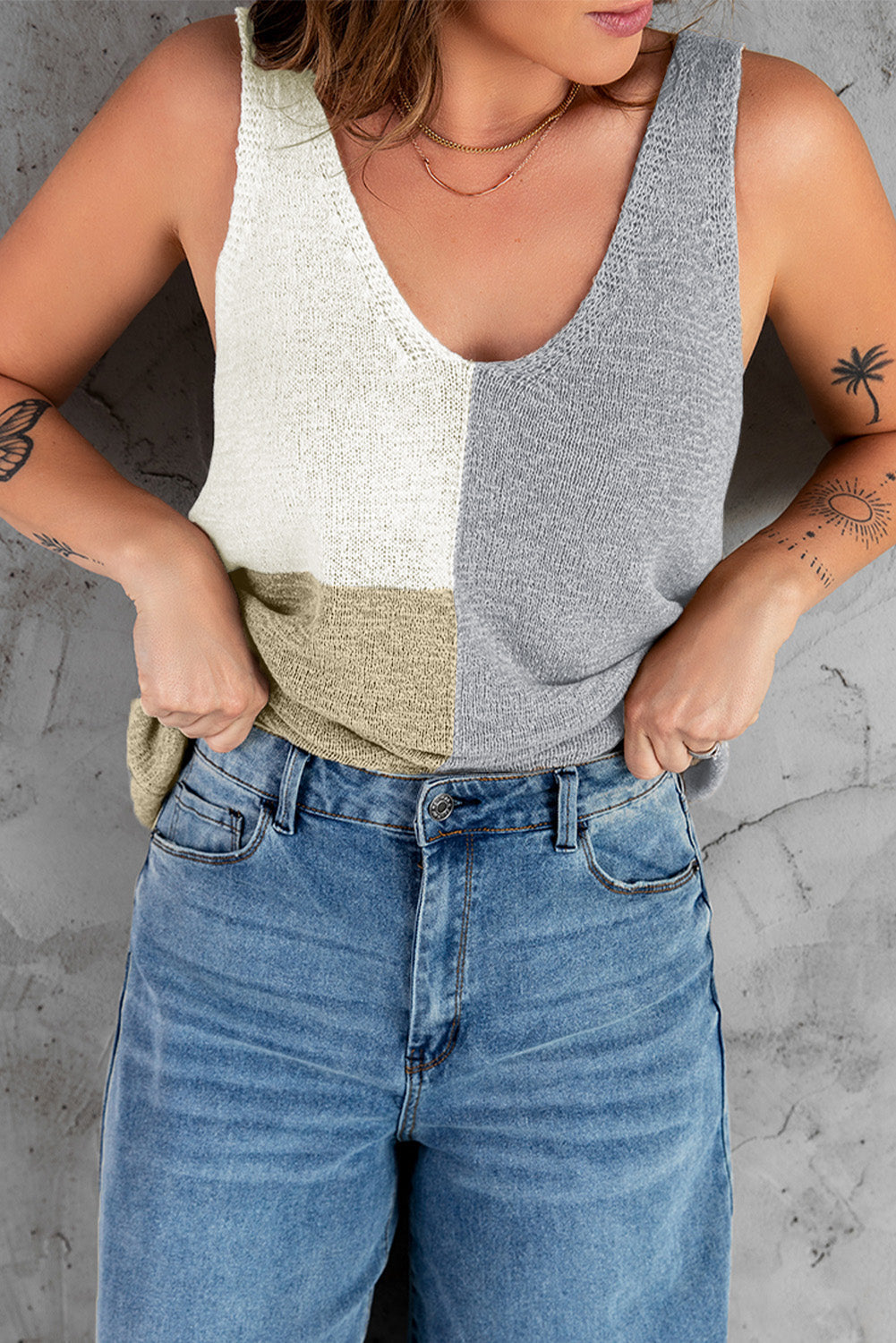 Women's Tank Top Featuring Color-Block Knitted