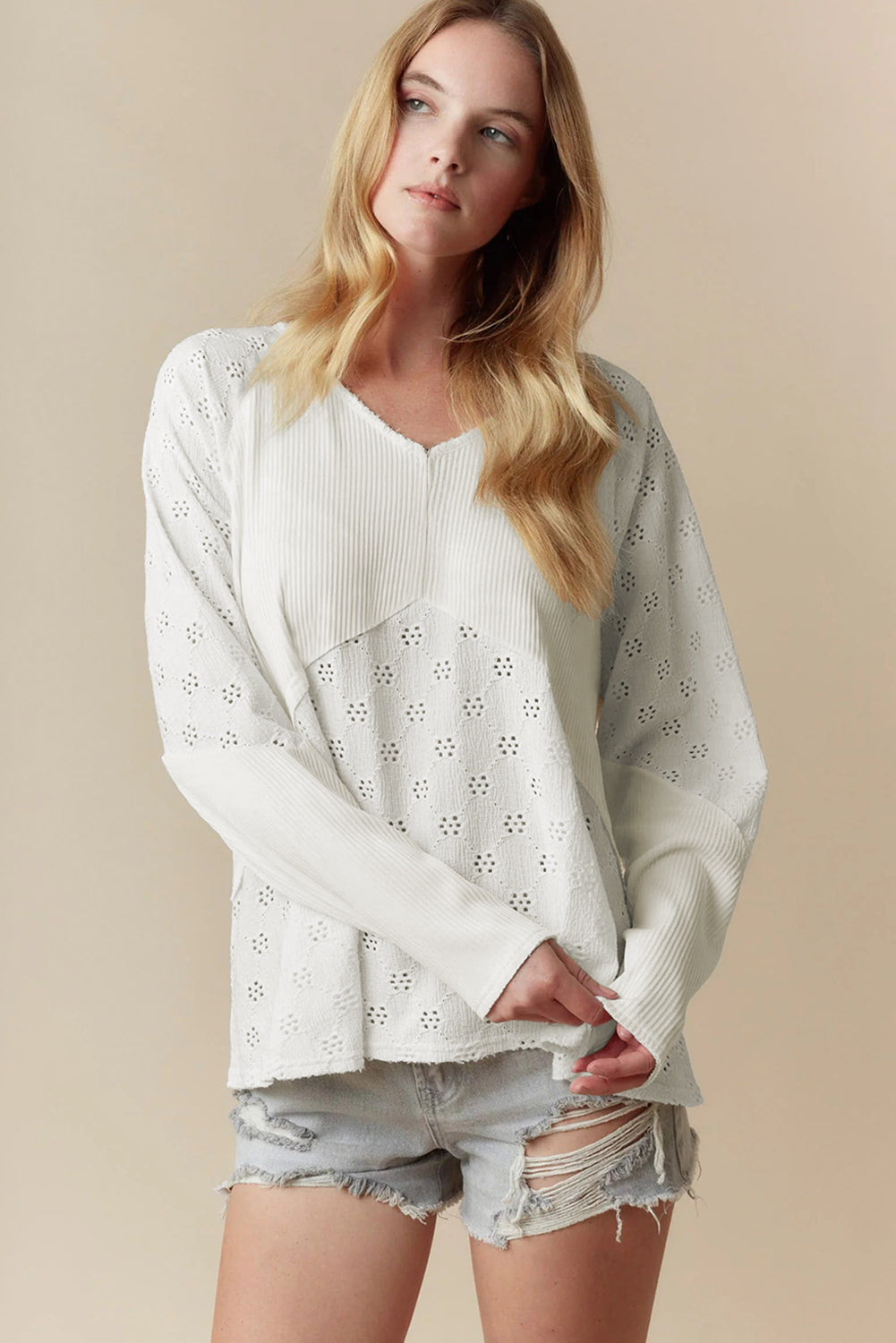 Twisted Embroidered Rib Patchwork Loose V-Neck Long-Sleeved Top