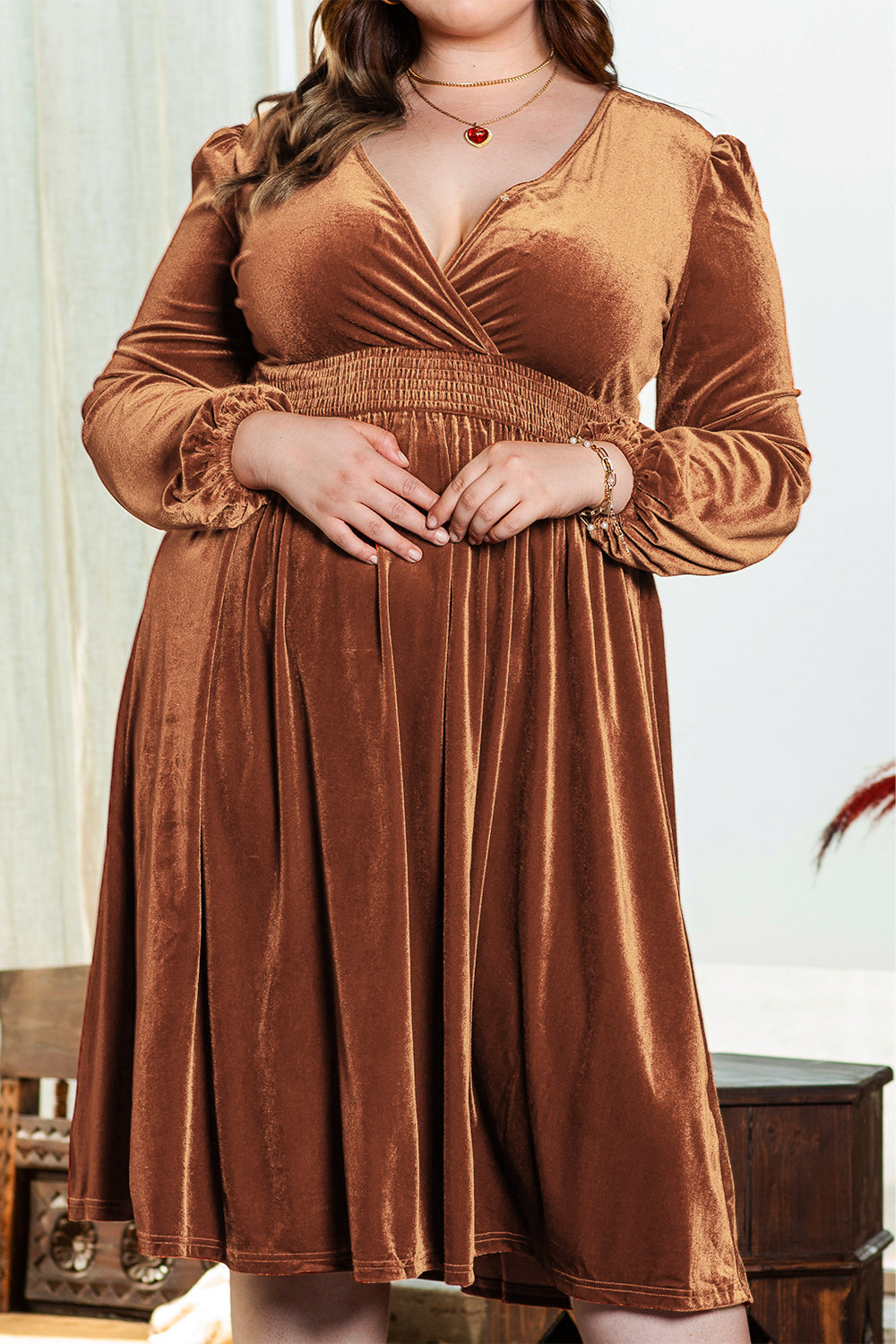 Women's Dress with Balloon Sleeve Velvet Plus Size