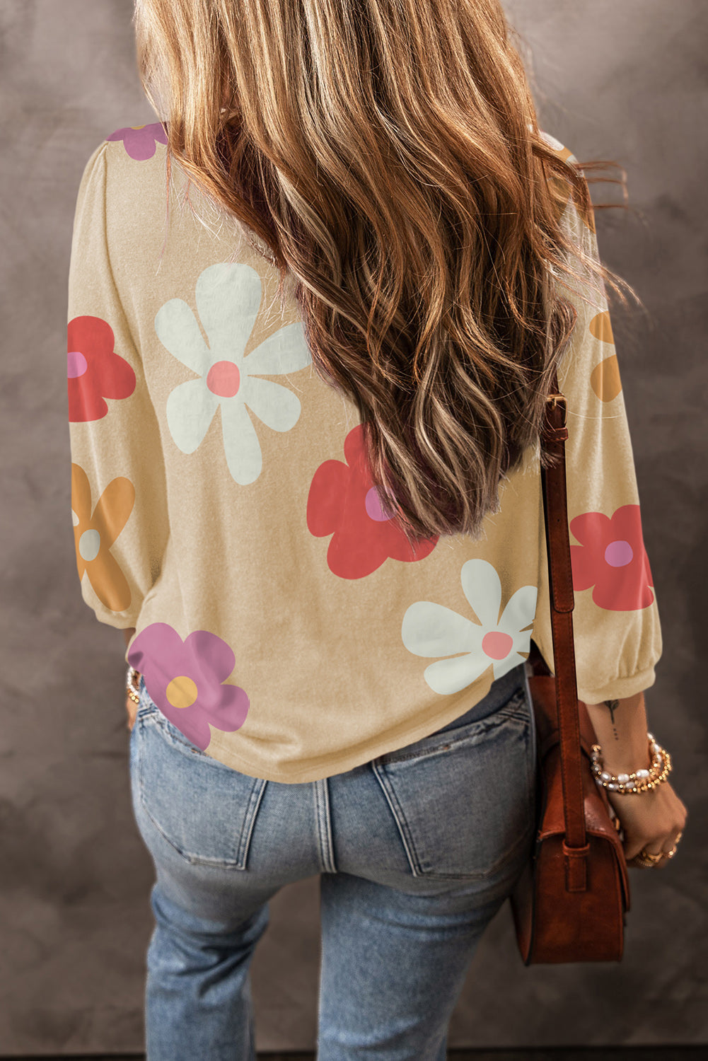 Women's Top Featuring Bracelet-Length Sleeve Cute Flower
