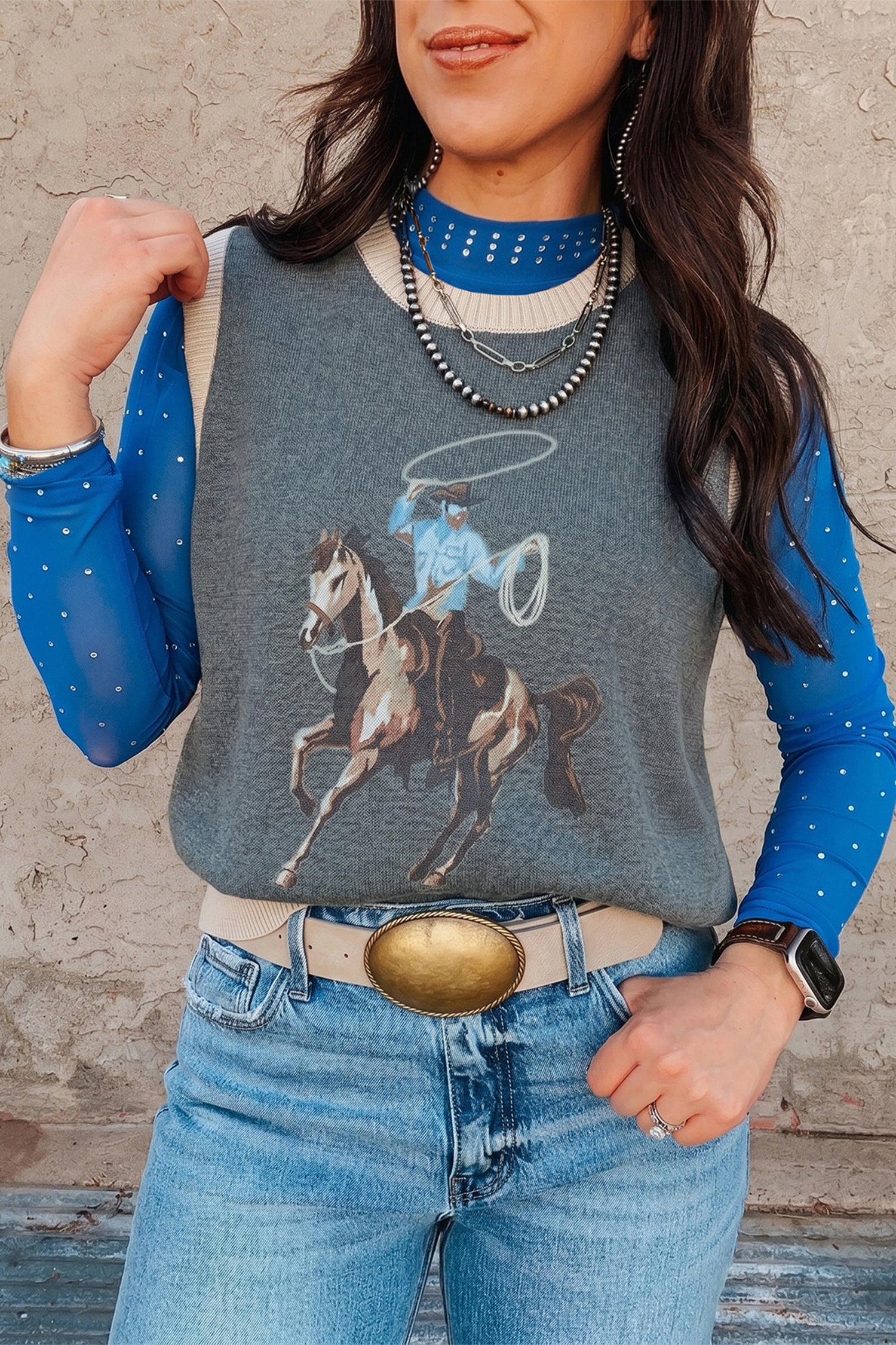 Colorblock Western Print Trim Knitwear Vest in Gray