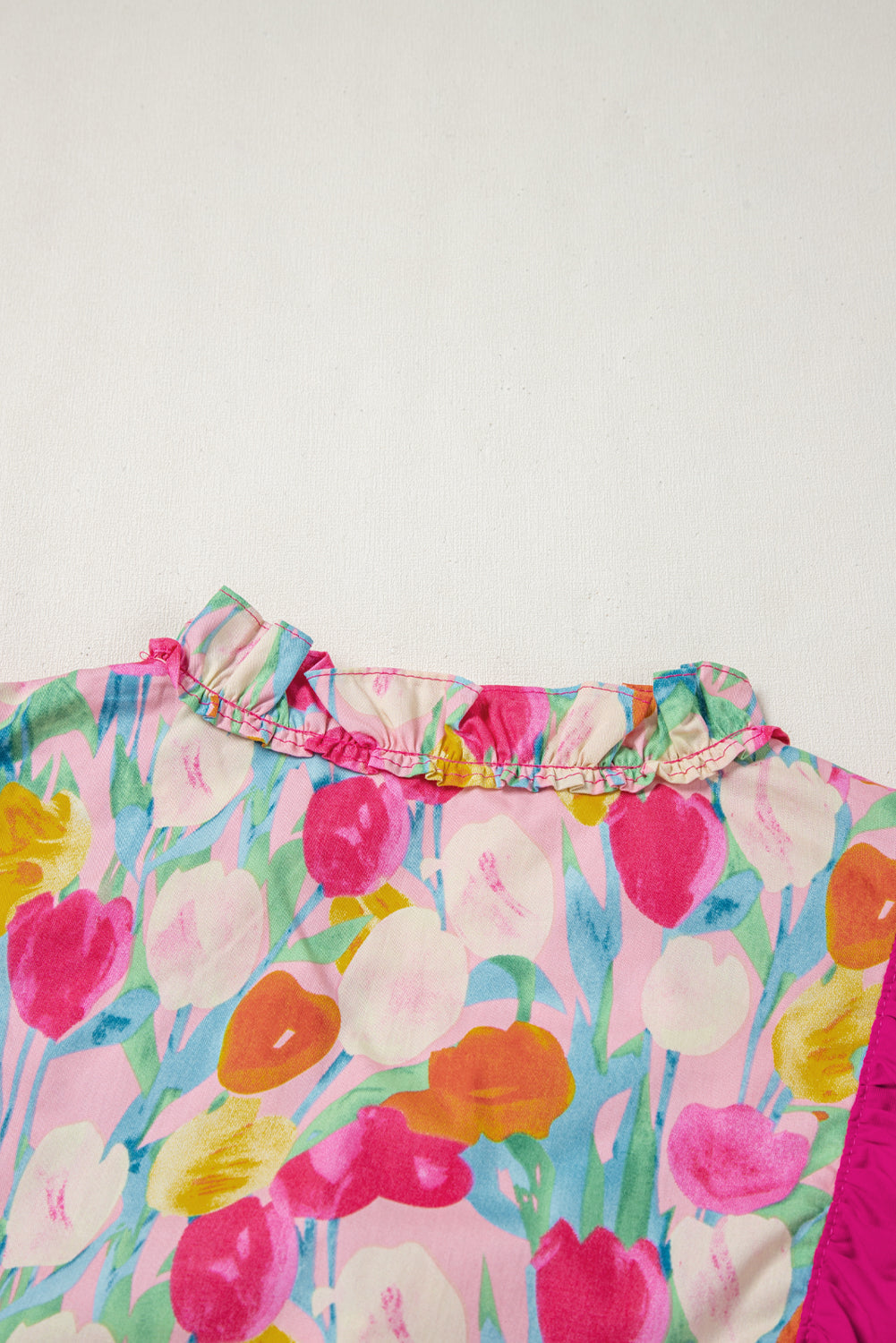 Pink Floral Layered Ruffle Flutter Sleeve Blouse