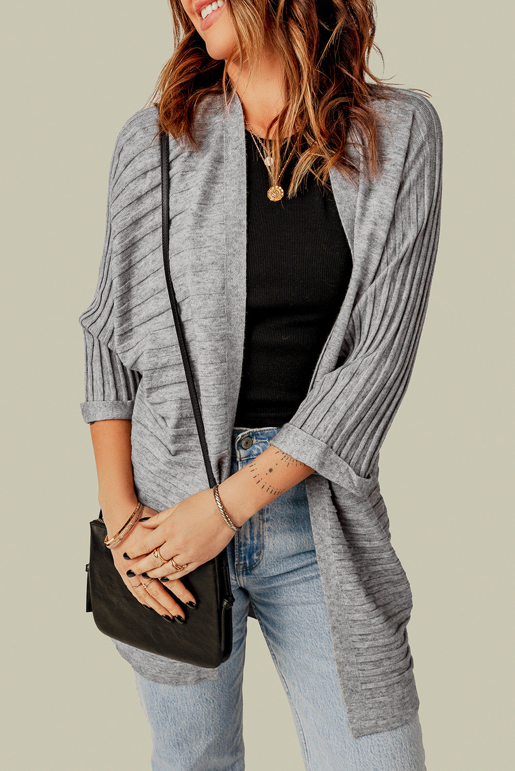 Women's Rib-Knitted Open Front Knit Cardigan