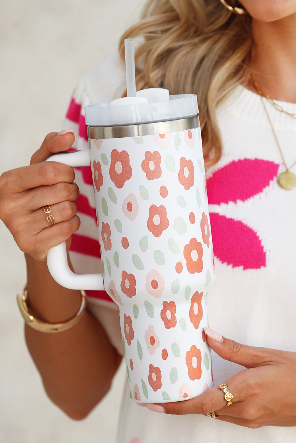 Floral Leaves Print Stainless Large Portable Cup 40oz