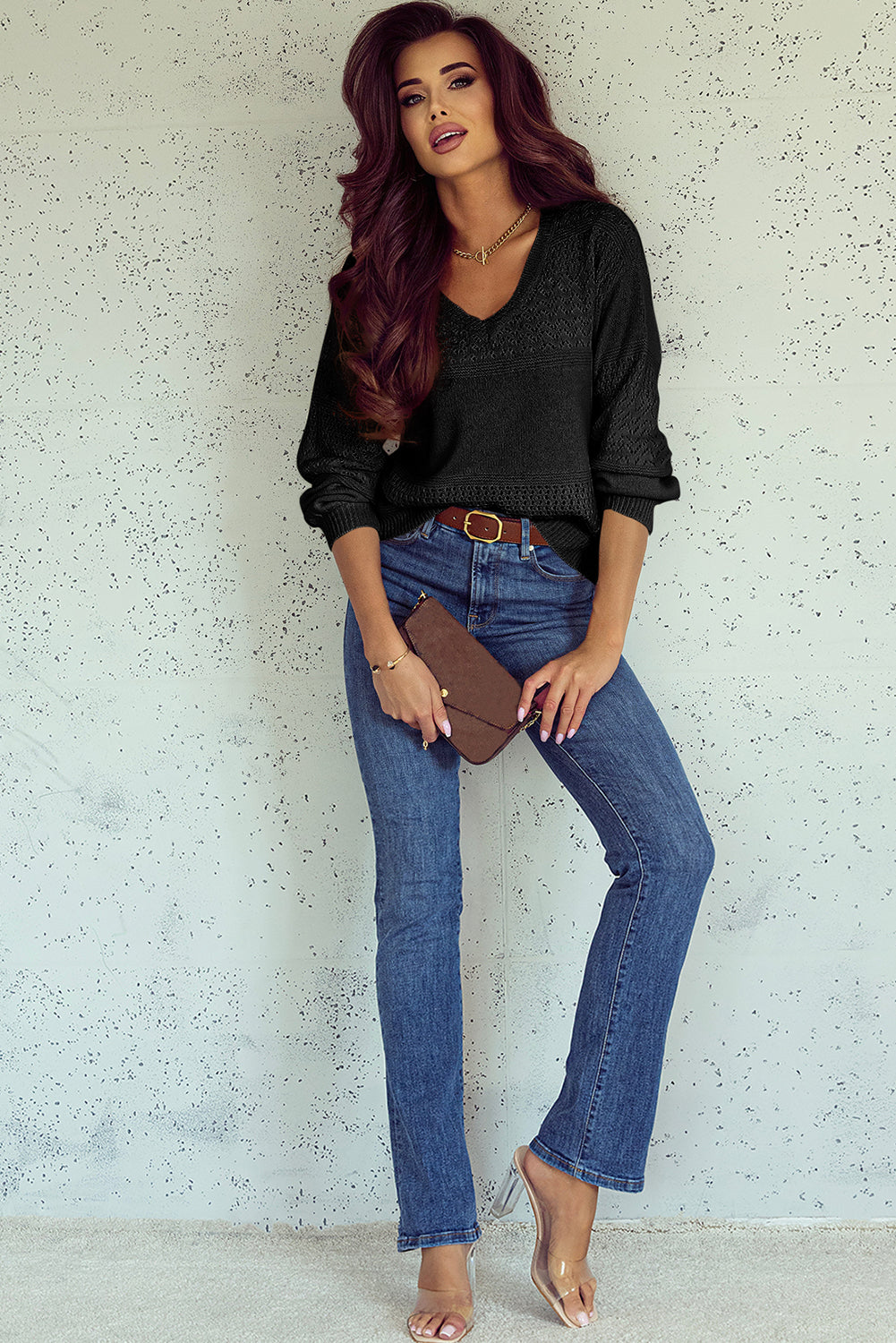 Eyelet Pattern Detail V Neck Drop Shoulder Sweater