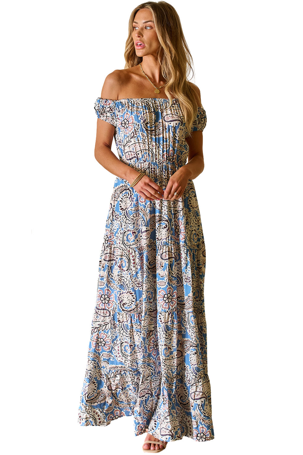 Women's Maxi Dress with Bohemian Paisley Print Off Shoulder
