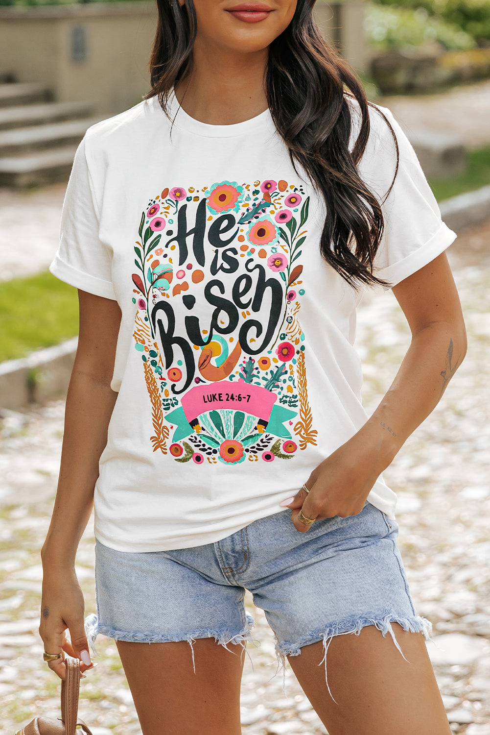 Women's T Shirt Featuring He Is Risen Floral-Print Print Round Neck