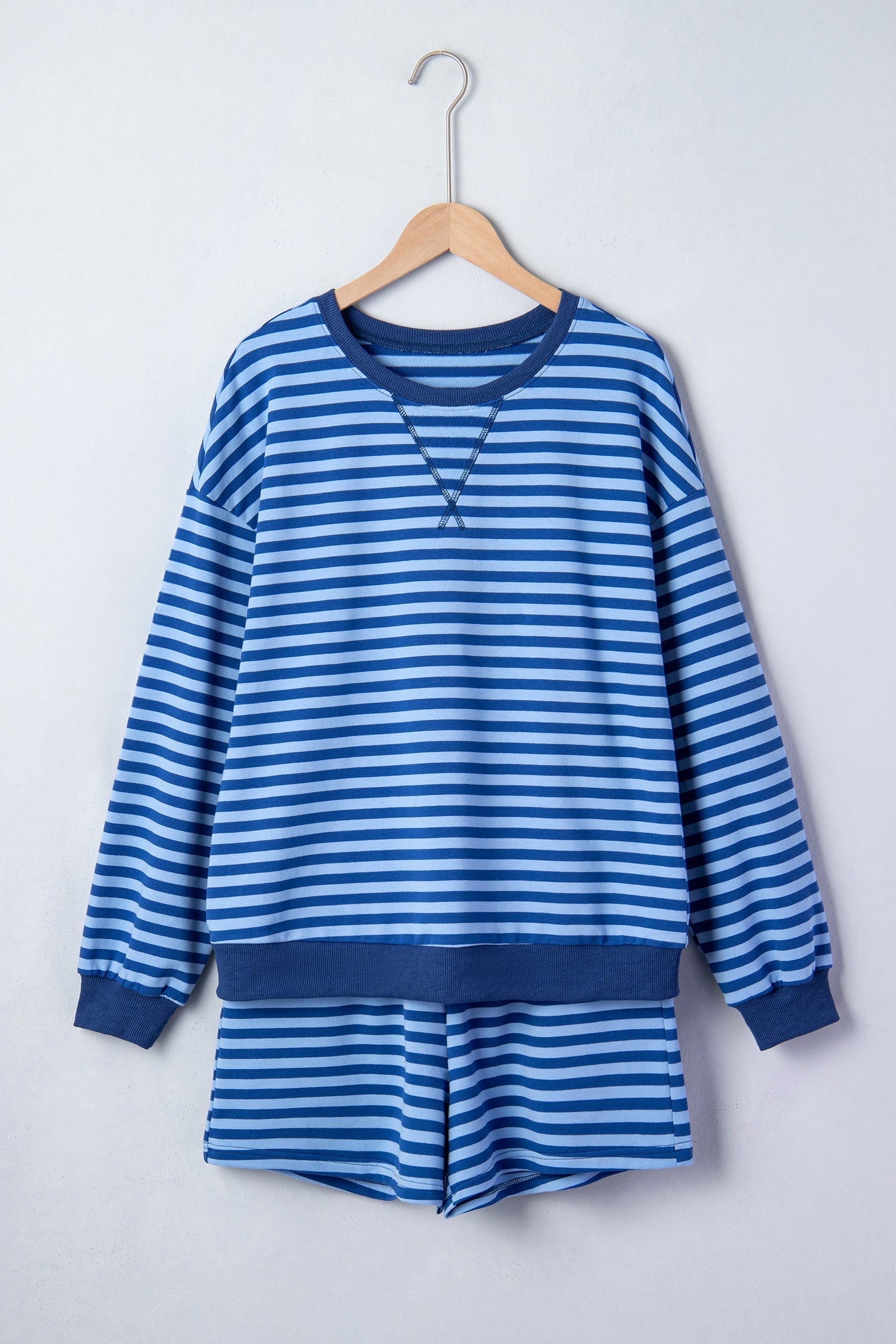 Drop-Shoulder Long-Sleeved Stripe Long-Sleeved Pullover Elastic Waist Everyday Short Set in Blue