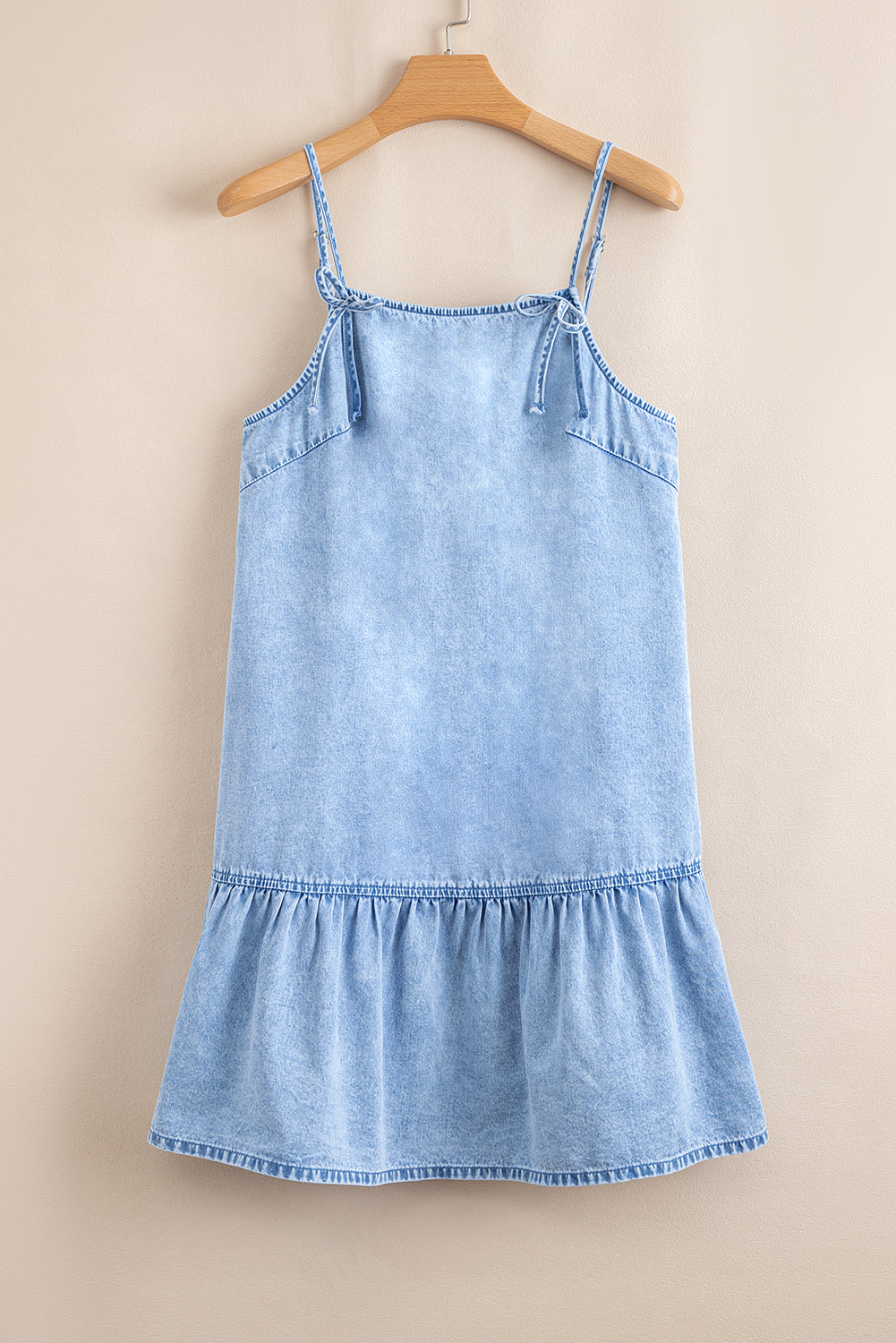 Detail Spaghetti Bow Spaghetti Straps Ruffle Hem Denim Short Dress