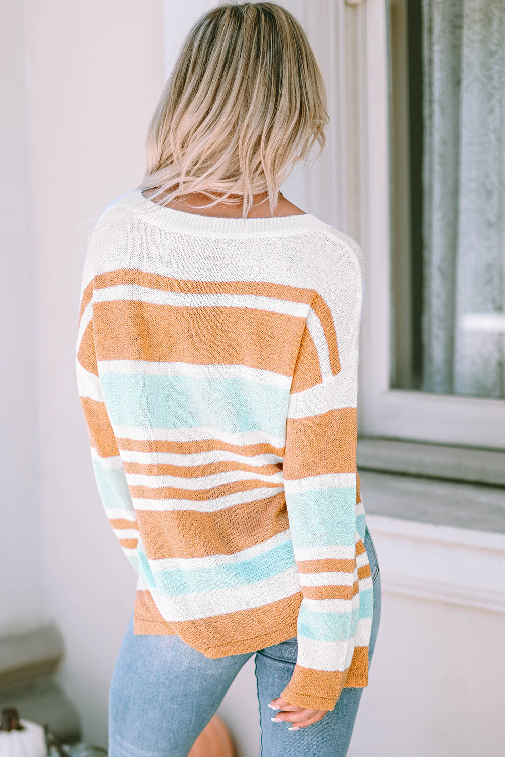 Women's Sweater with Split Stripe Long-Sleeve