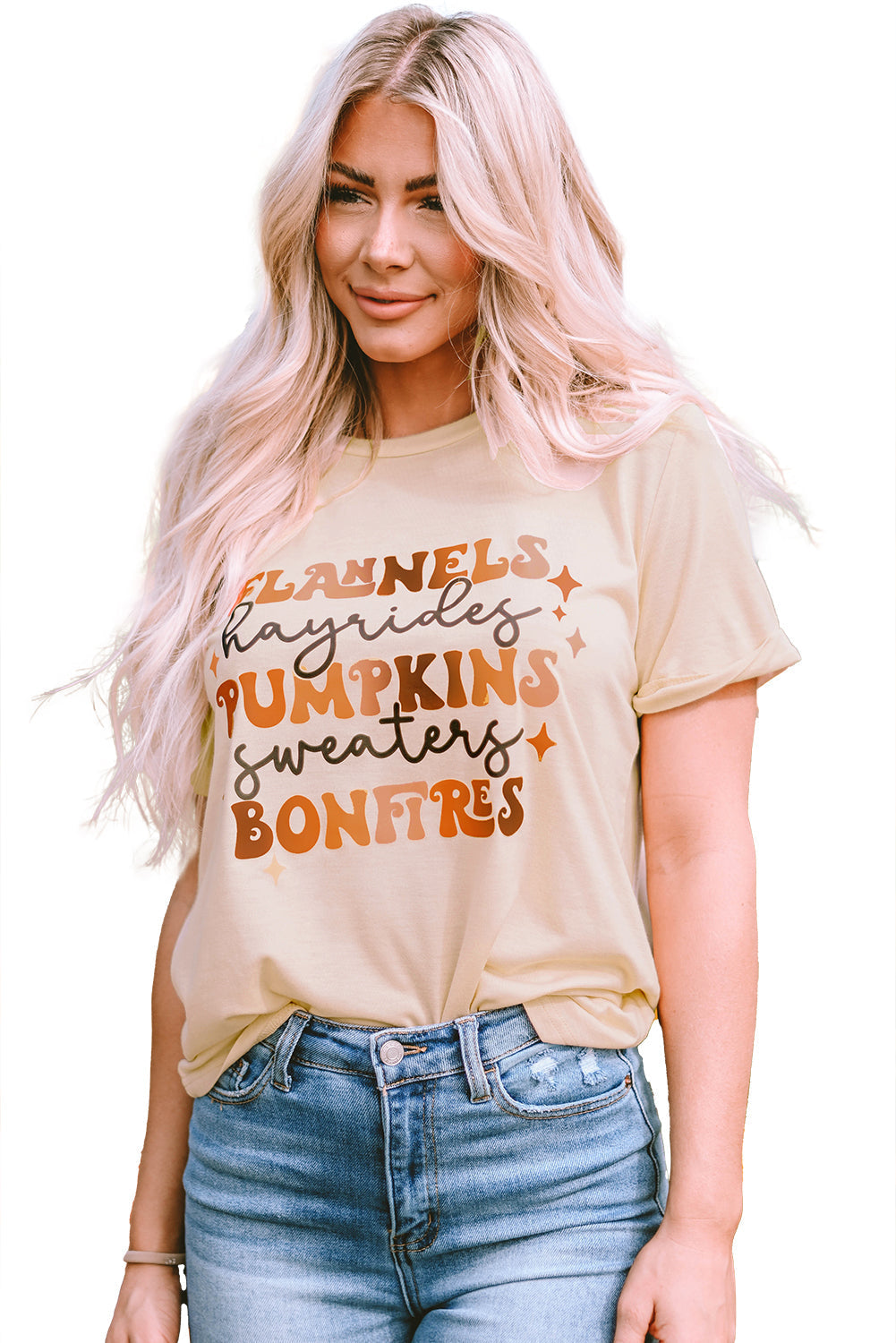 Women's Tee Featuring Bonfires Flannels Hayrides Pumpkins Sweaters