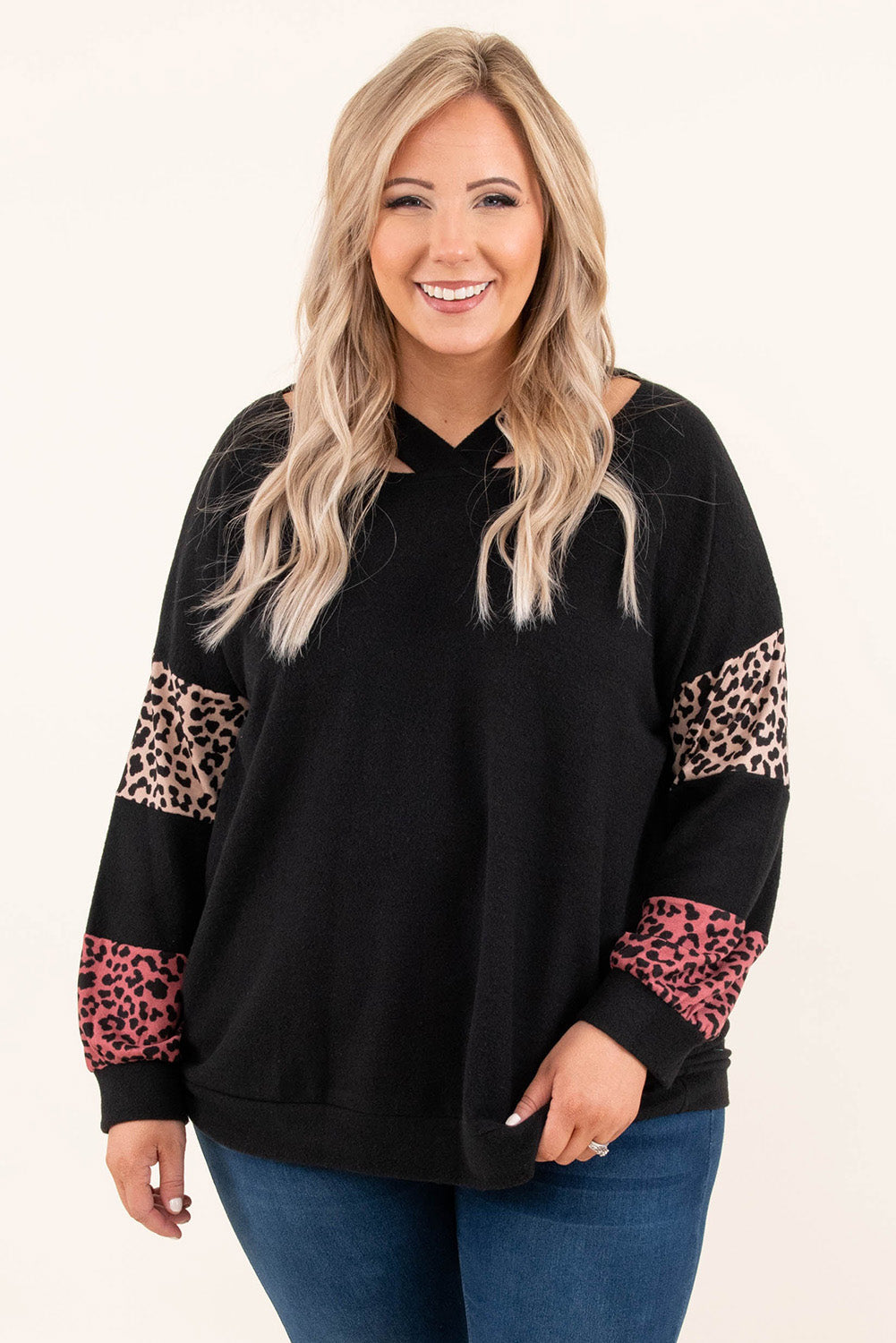 Women's Top Featuring Plus Size Leopard-Print Patchwork Strappy Neck