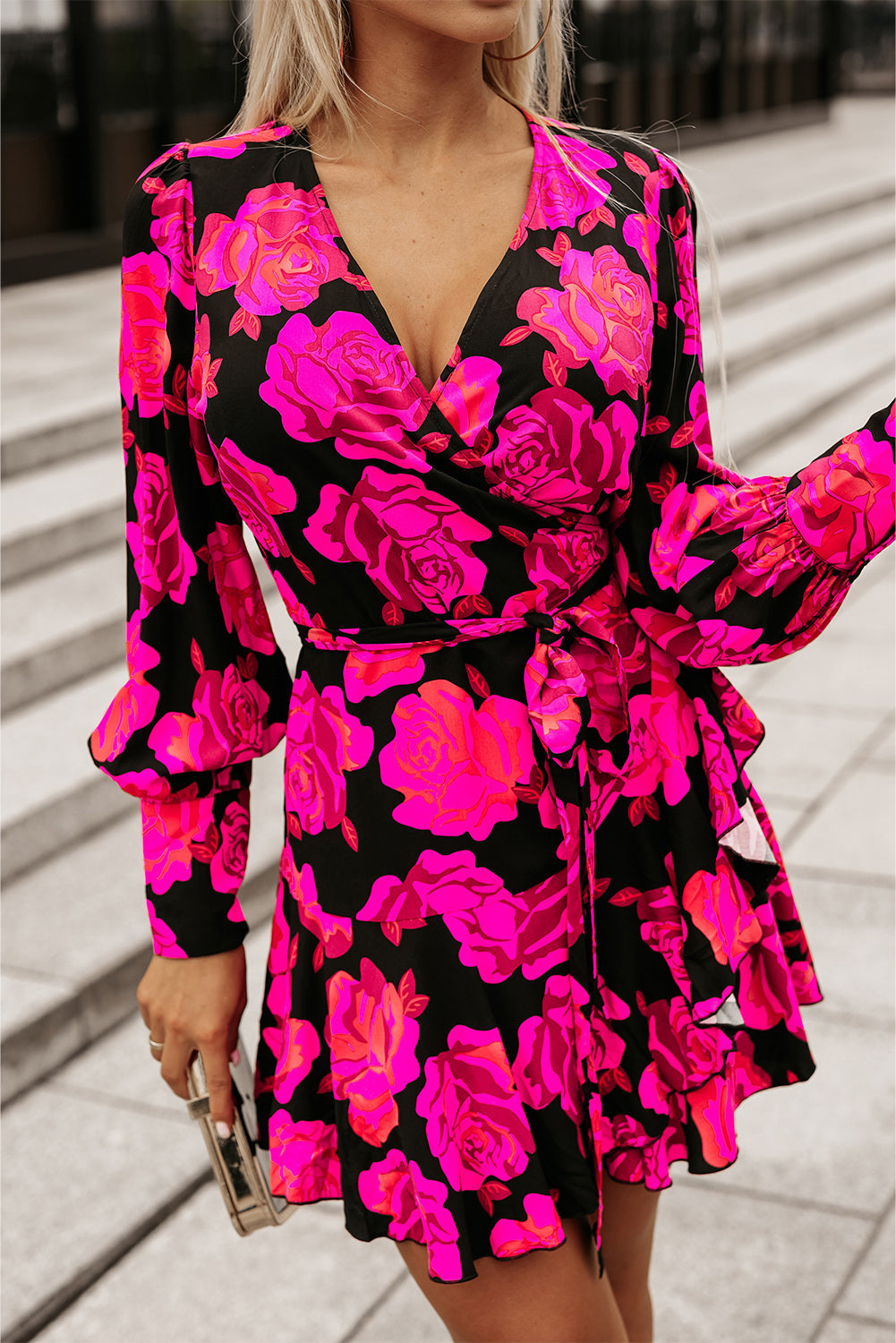 Dresses for Women Print V Neck Wrap Bishop Sleeve Ruffle-Trimmed Layered Mini Floral-Print