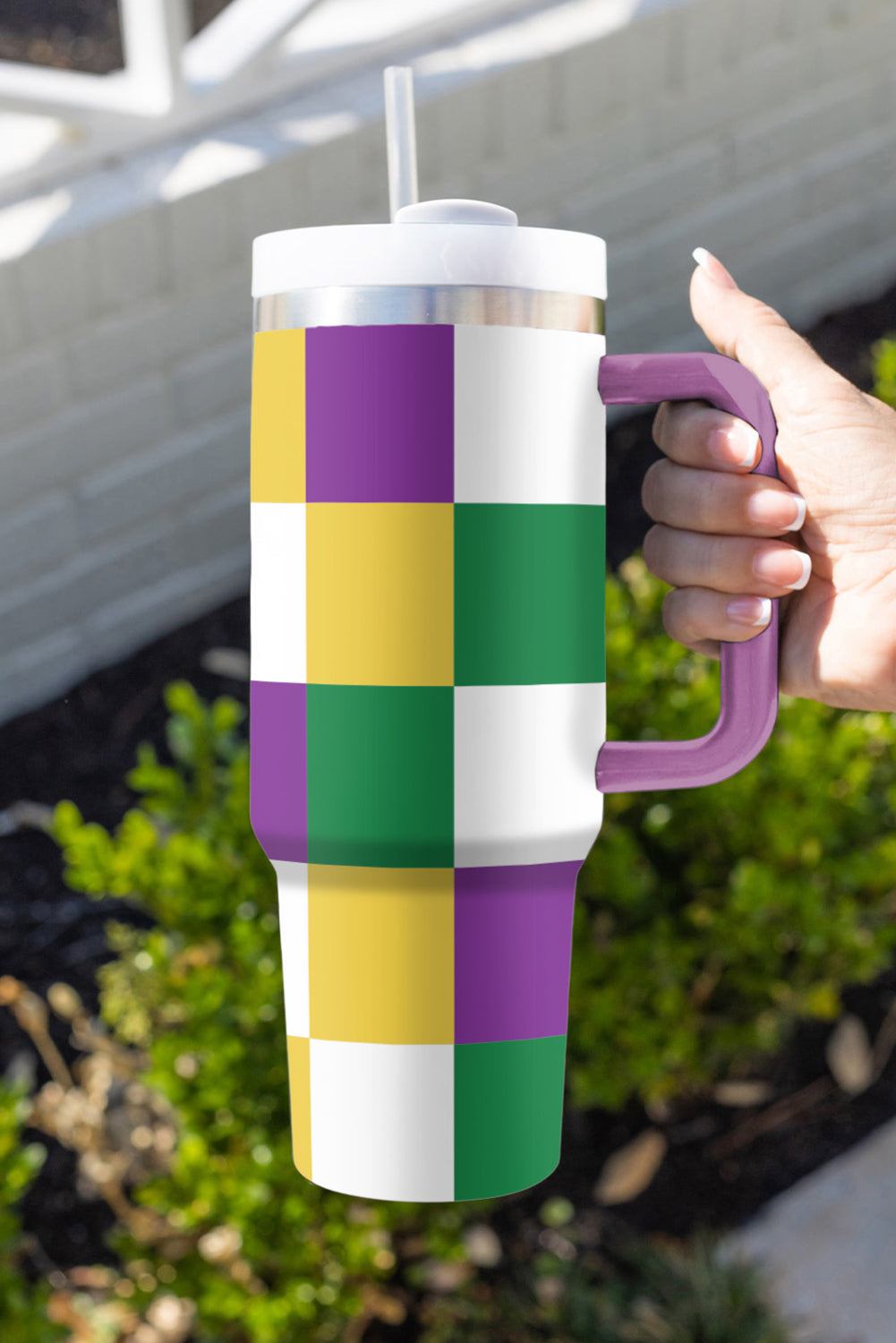 Mardi Print Gras Checkered Handle Large Tumbler 40oz