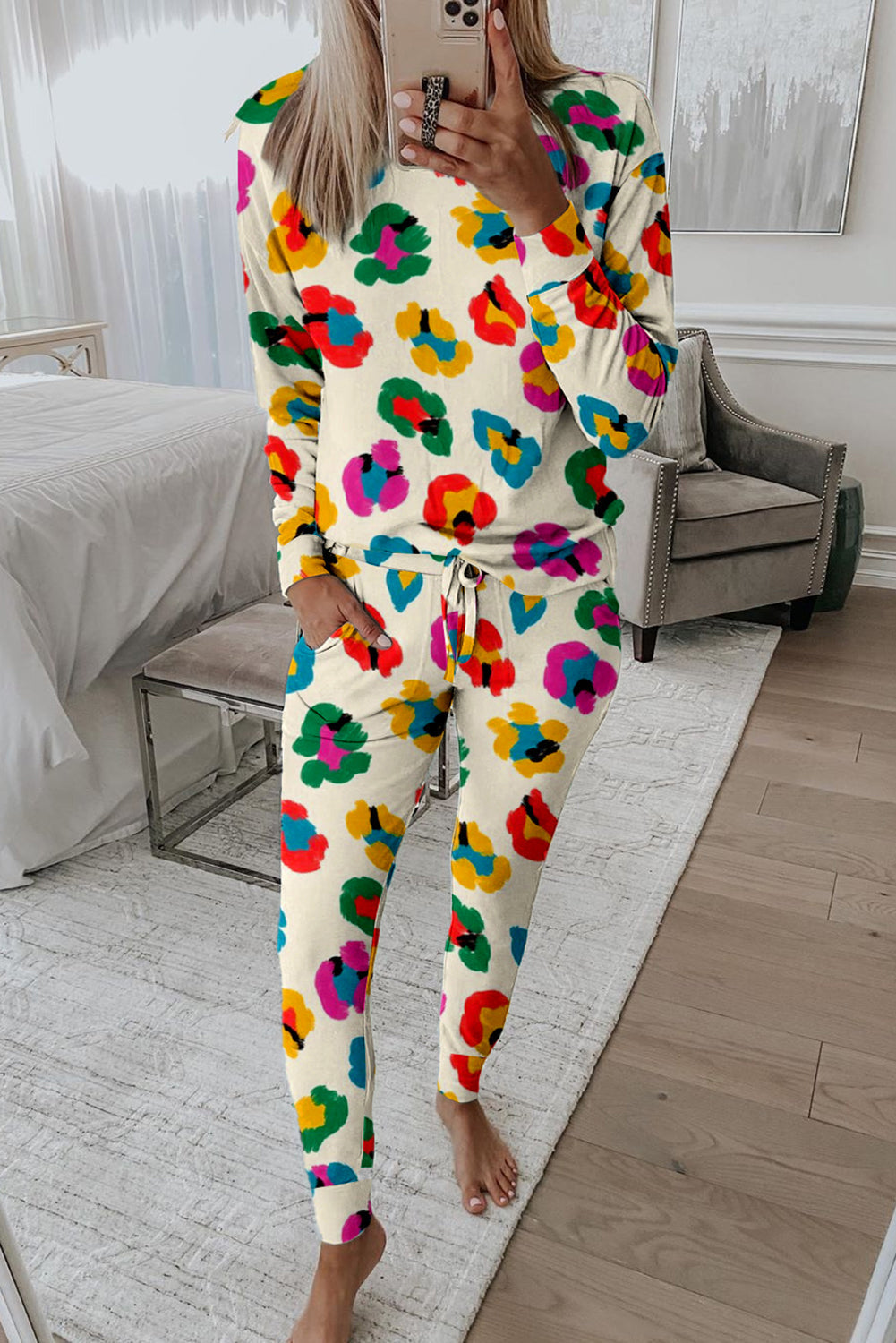 Leopard-Print Long-Sleeved Top and Skinny Pants Lounge Set