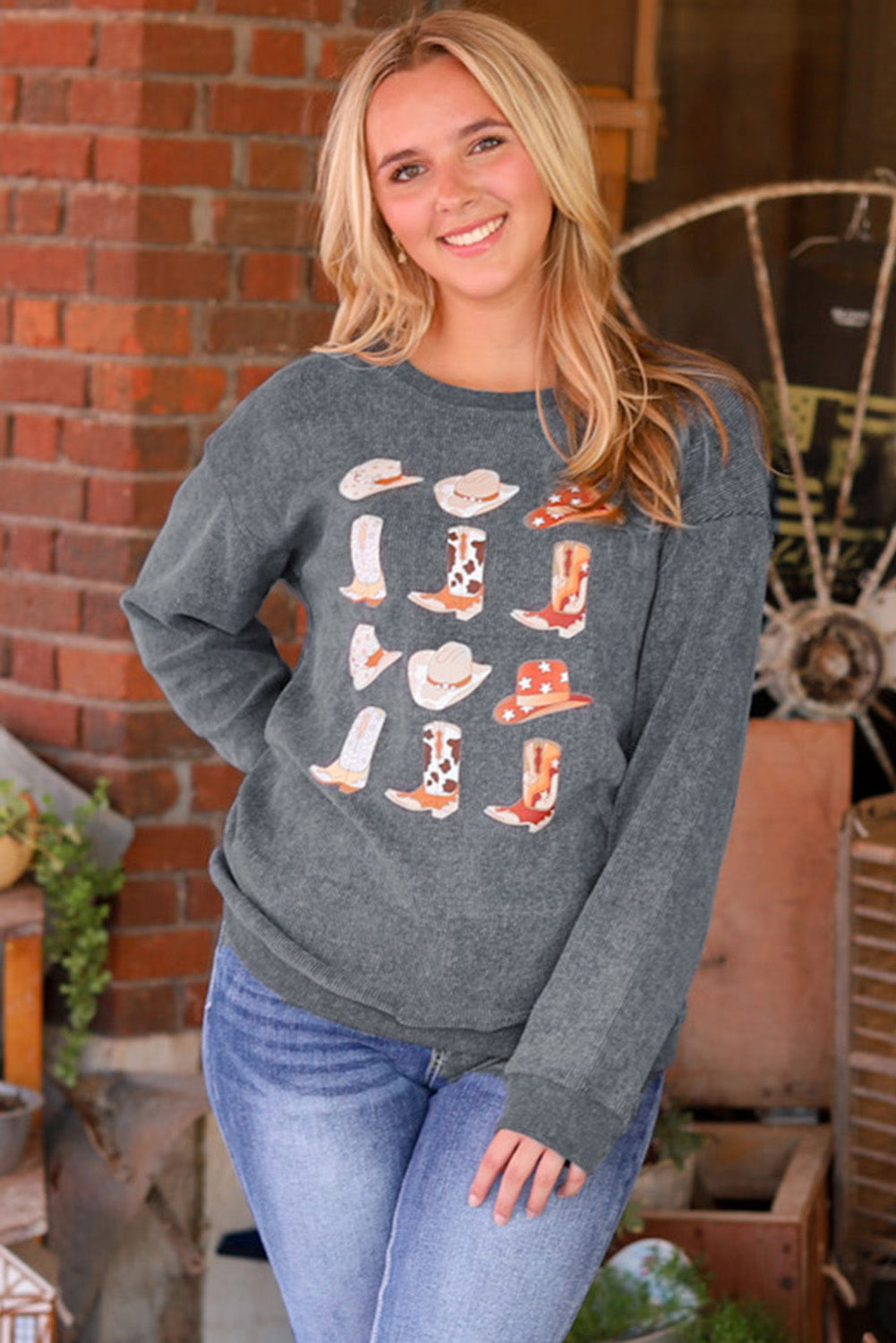Women's Sweatshirt with Boots Cowboyhat Graphic-Print Corded