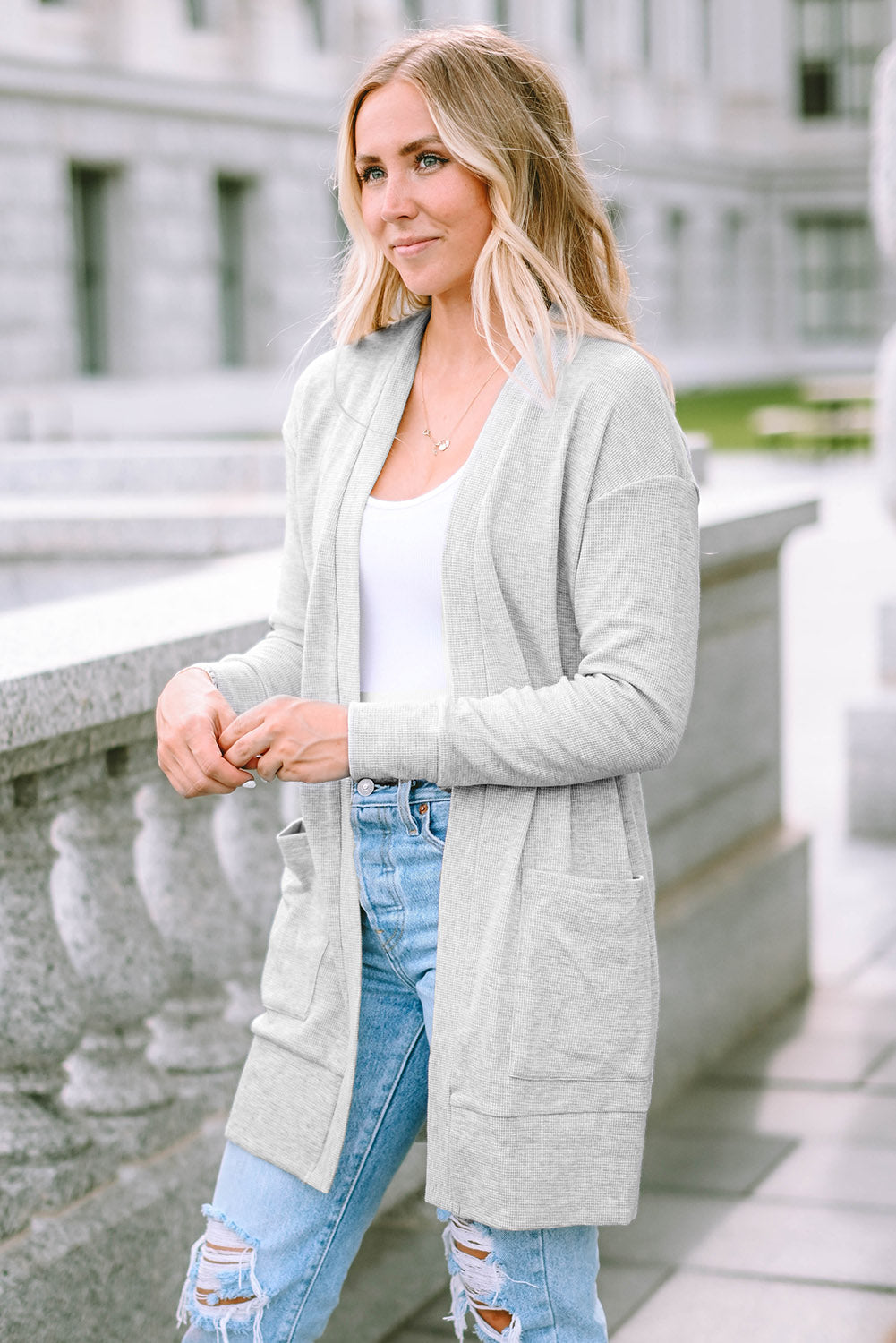 Women's Knit Cardigan with Thermal Waffle