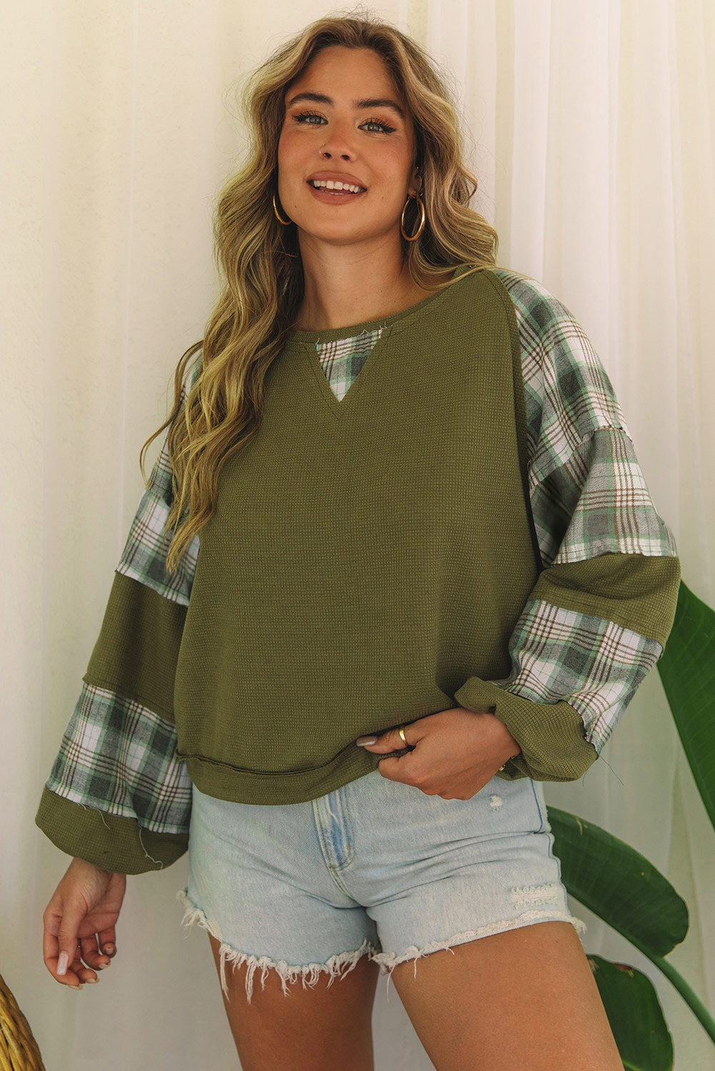 Women's Top with Bubble Sleeve Plaid Knitted