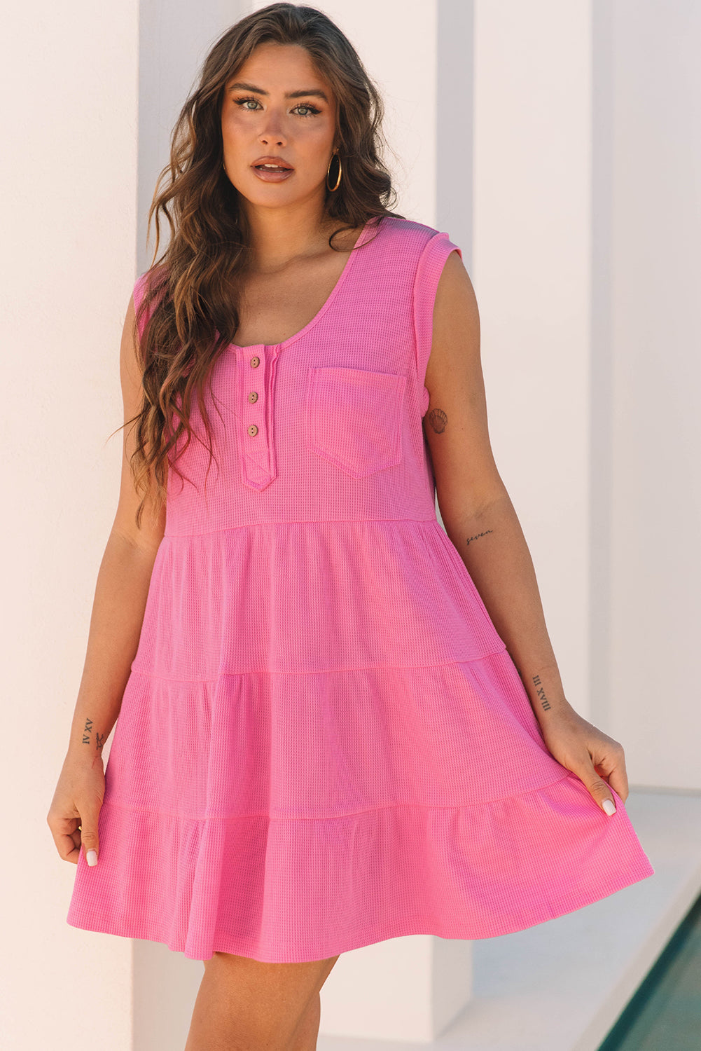 Cute Pink Waffle Textured A-line Tiered Sleeveless Dress