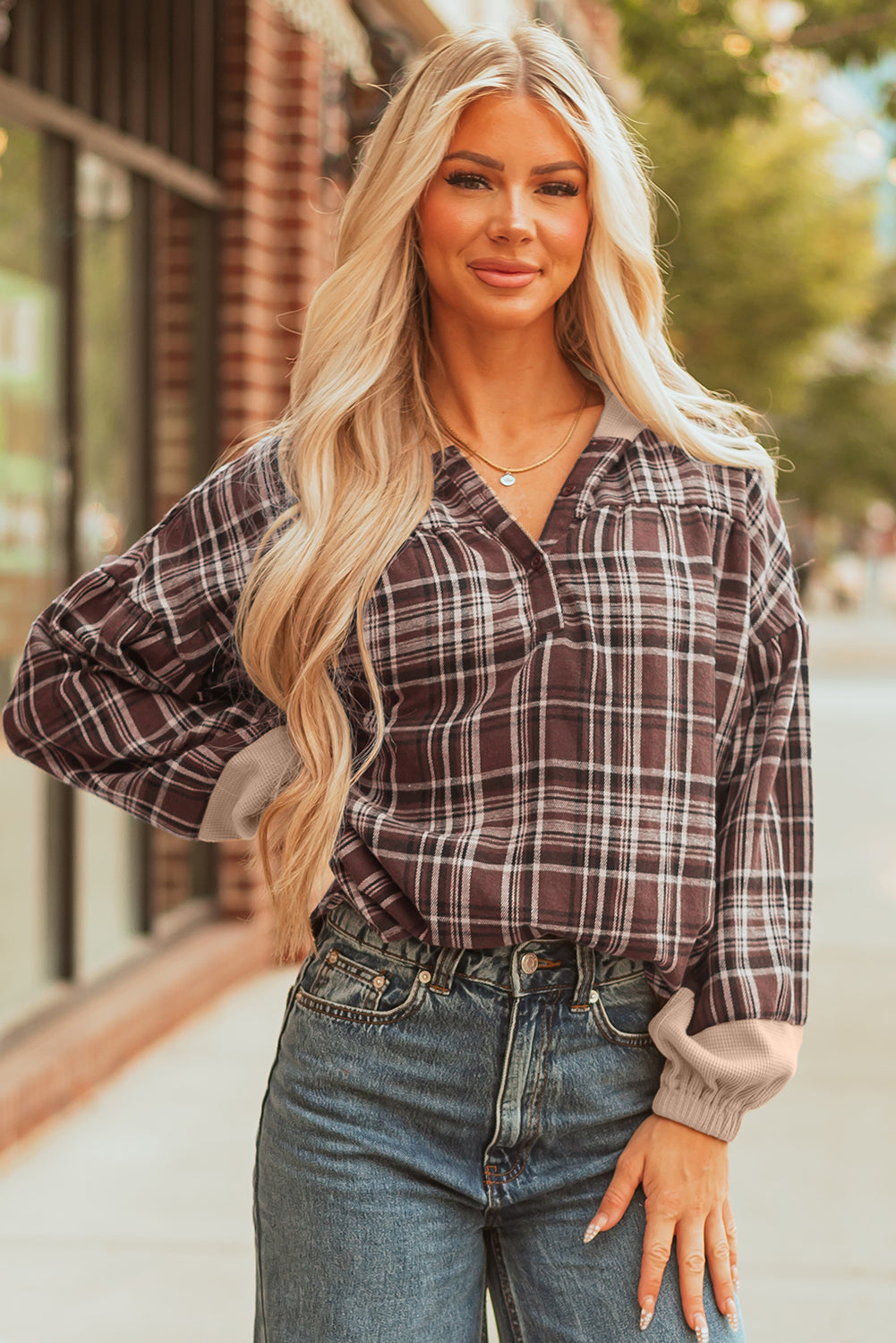 Long-Sleeved Plaid Patchwork Button Hooded Blouse