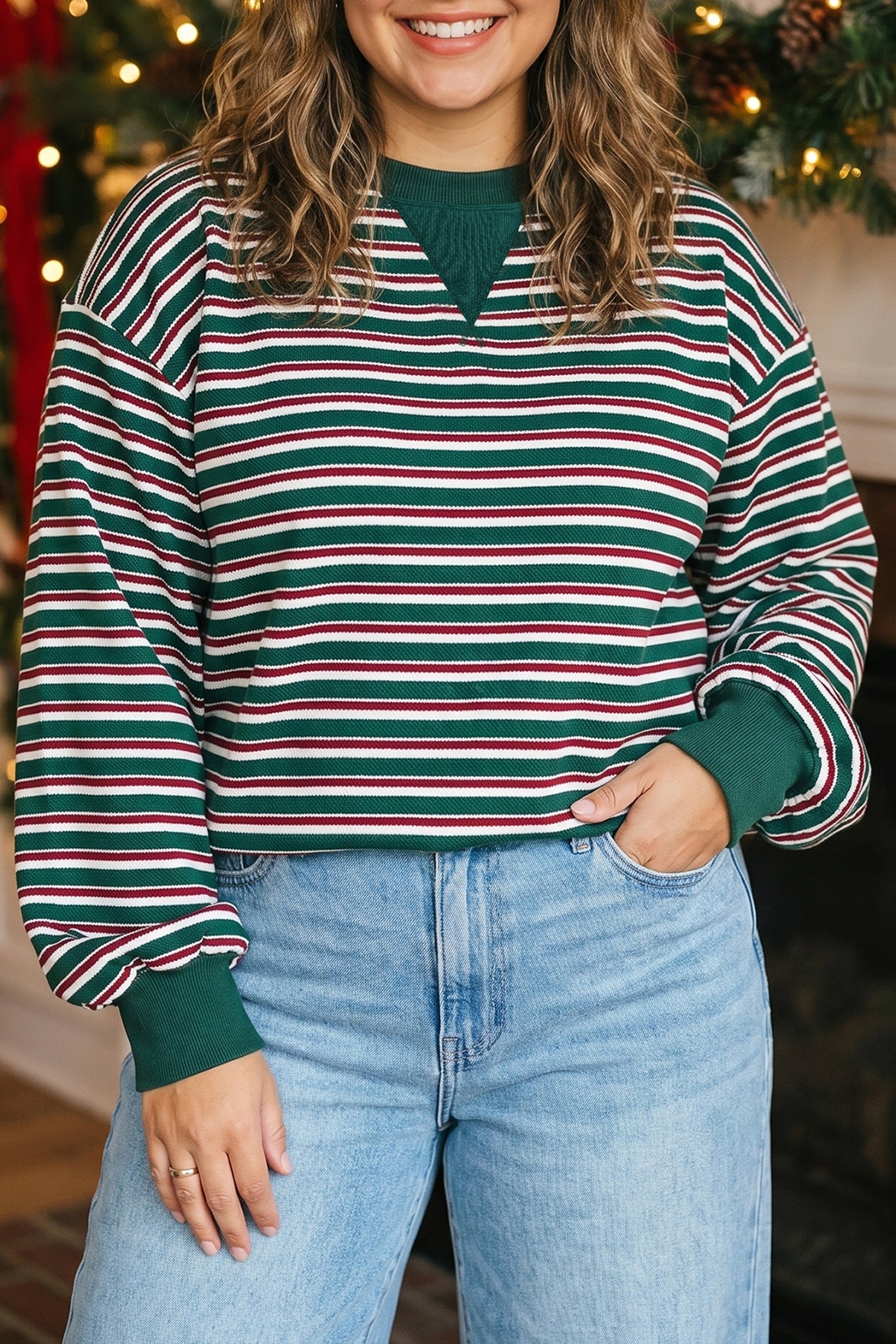 Stripe Round-Neck Long-Sleeved Shift Plus Size Sweatshirt in Green