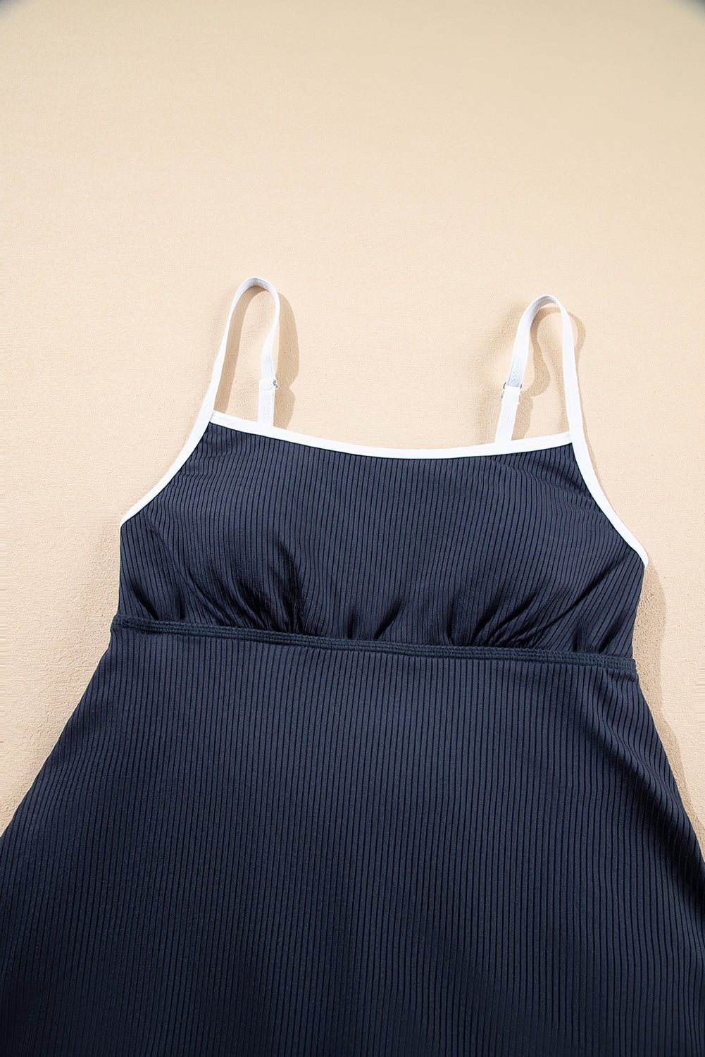 Colorblock Pocket-Detail Edge Rib-Knit Lined Swim Dress in Navy Blue