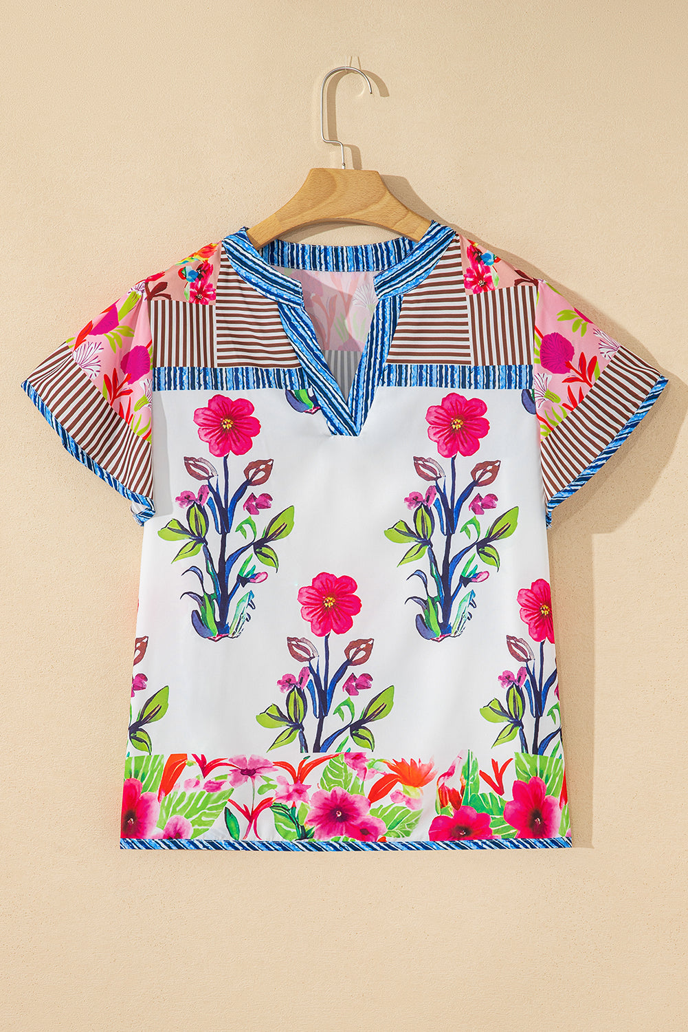 Floral Short-Sleeved Striped Patchwork Split Neck Blouse