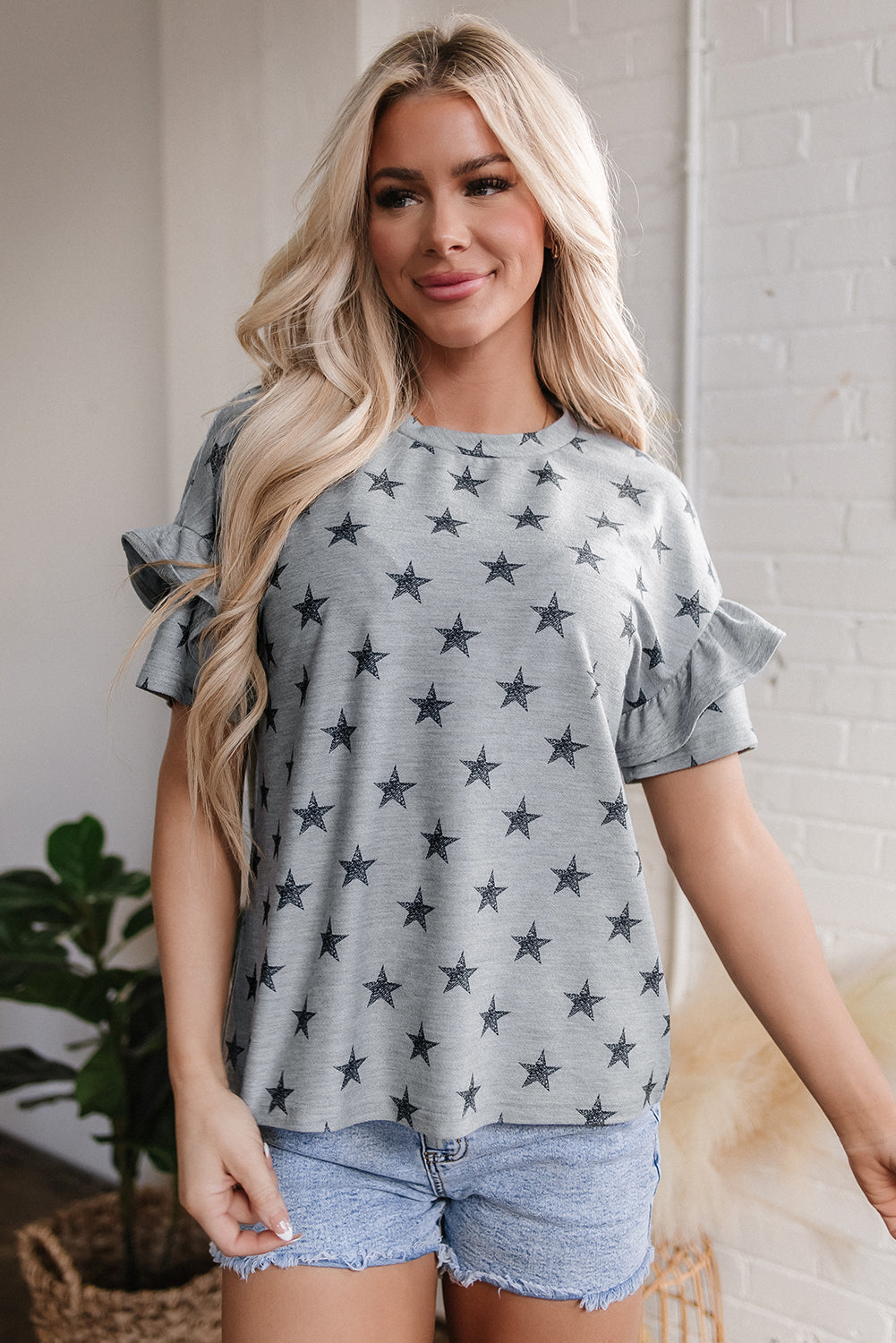 Star Print Tiered Ruffled Sleeve Crew Neck T Shirt