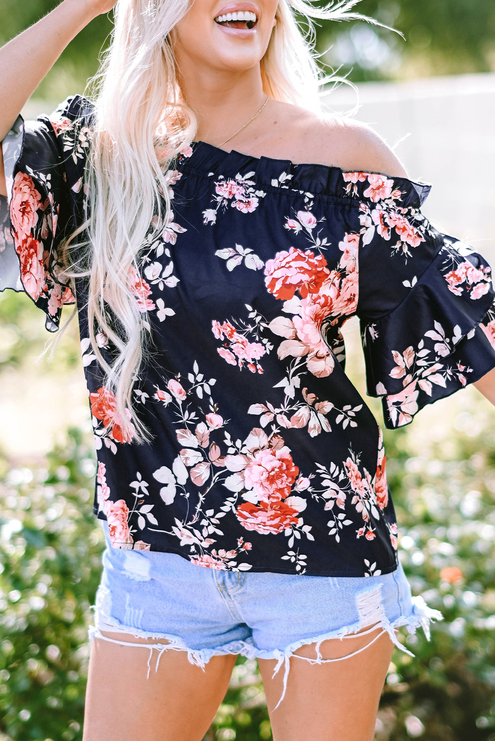Women's Blouse Featuring Floral-Print Ruffle-Trimmed Flounce Sleeve
