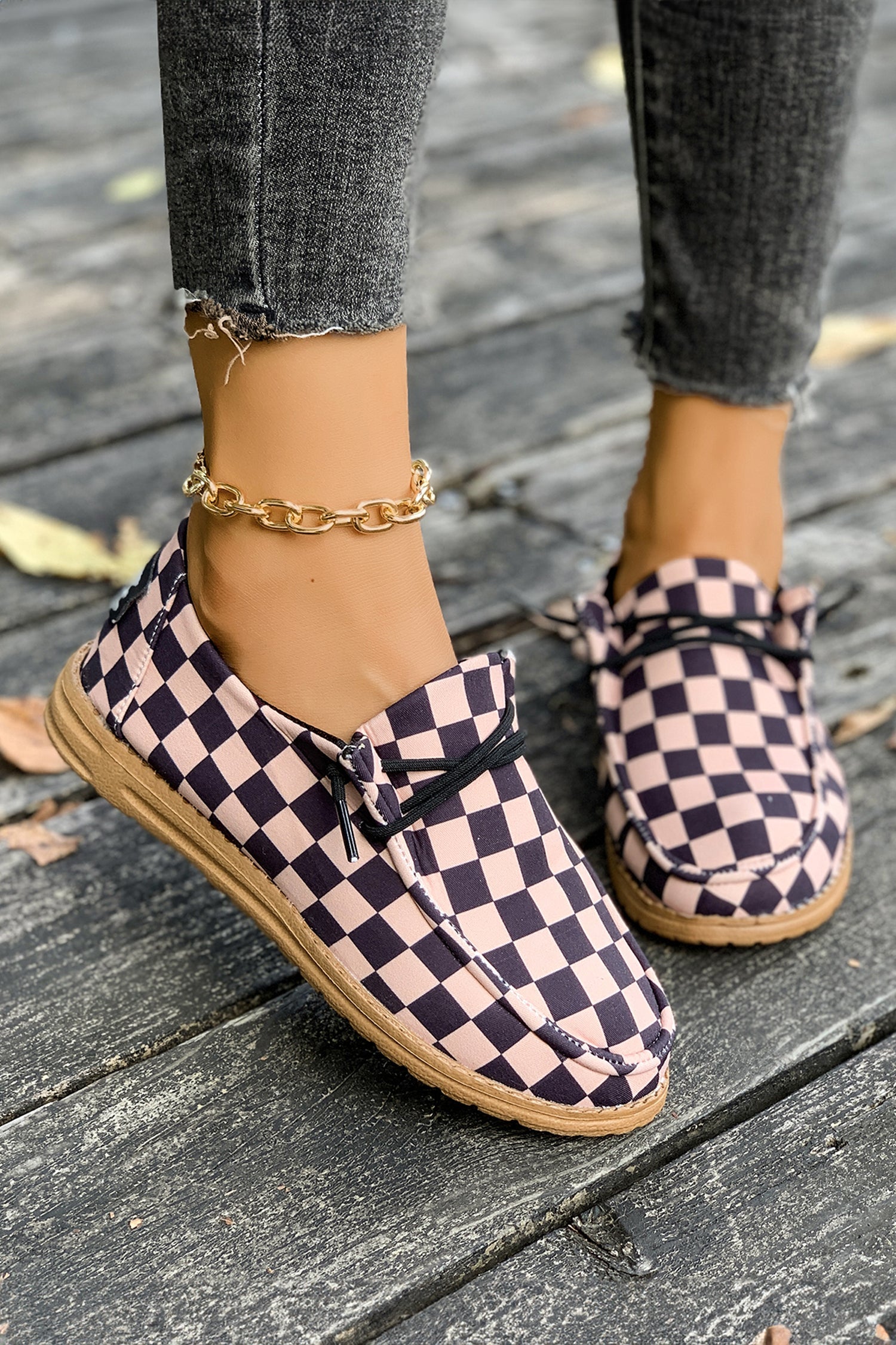 Checkered Leather Print PU Lace Up Detail Flat Shoes