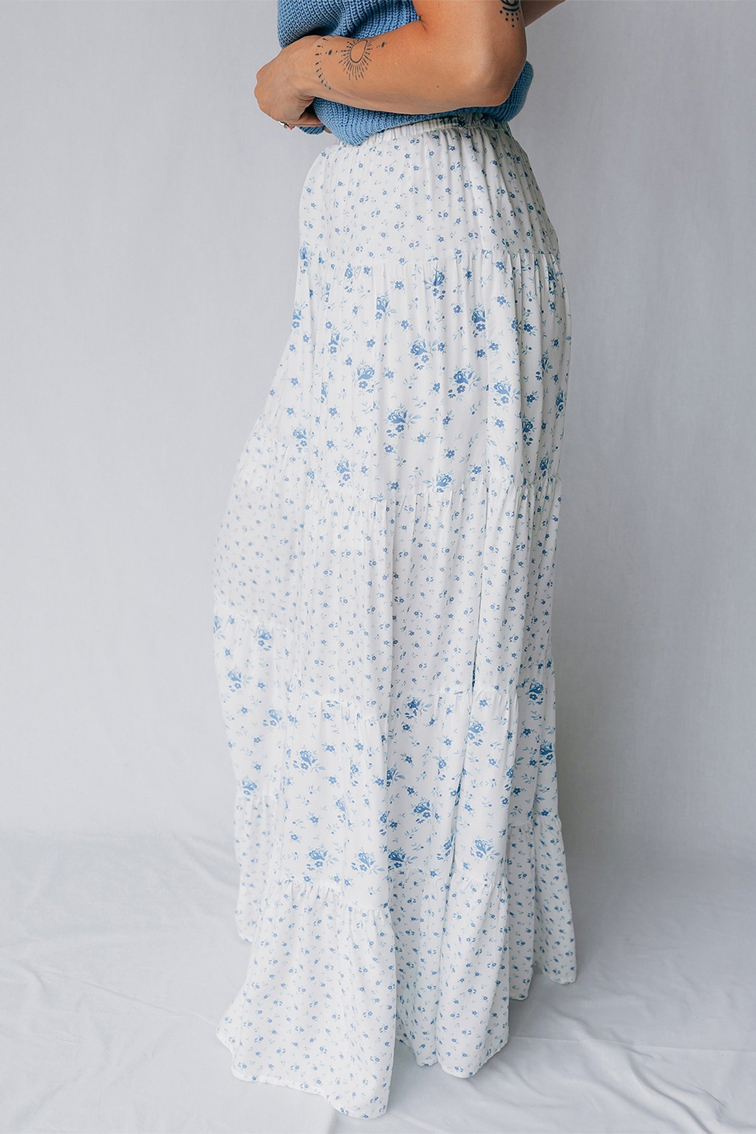 Blue Polished Sky High-Waisted Tiny Floral-Print Boho Maxi Skirt
