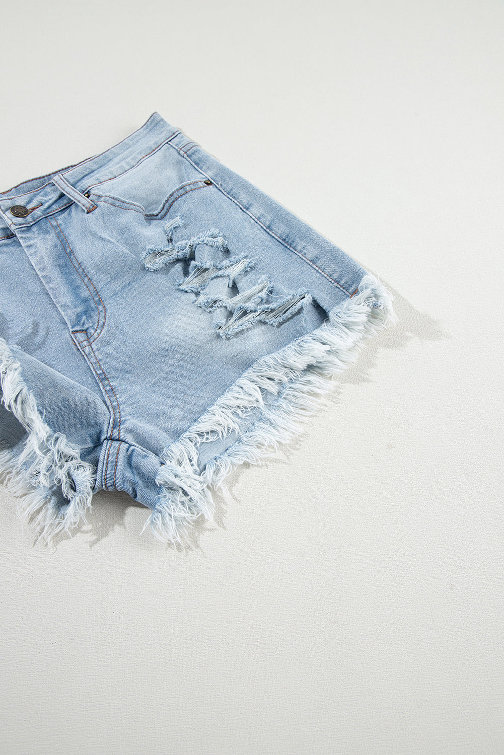 Raw Distressed Ripped Hem High-Waisted Denim Shorts in Light Blue