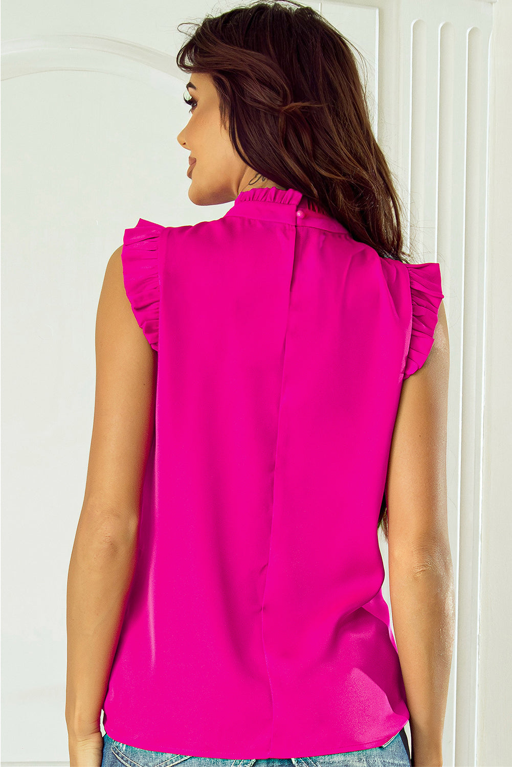 Women's Top Featuring Pleat-Detail Frill-Trimmed Trim Sleeveless