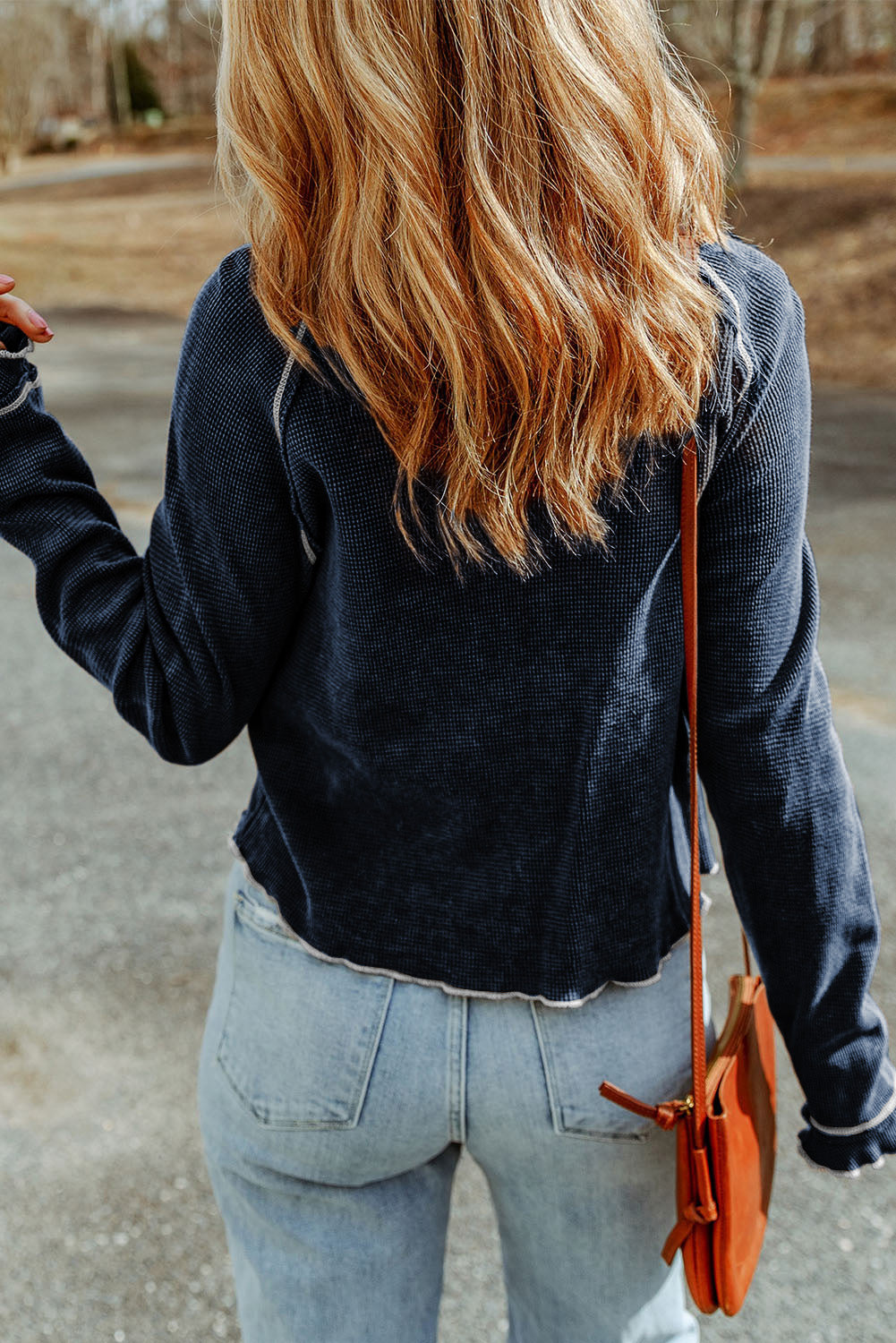 Women's Top with Textured Round Neck Long-Sleeve