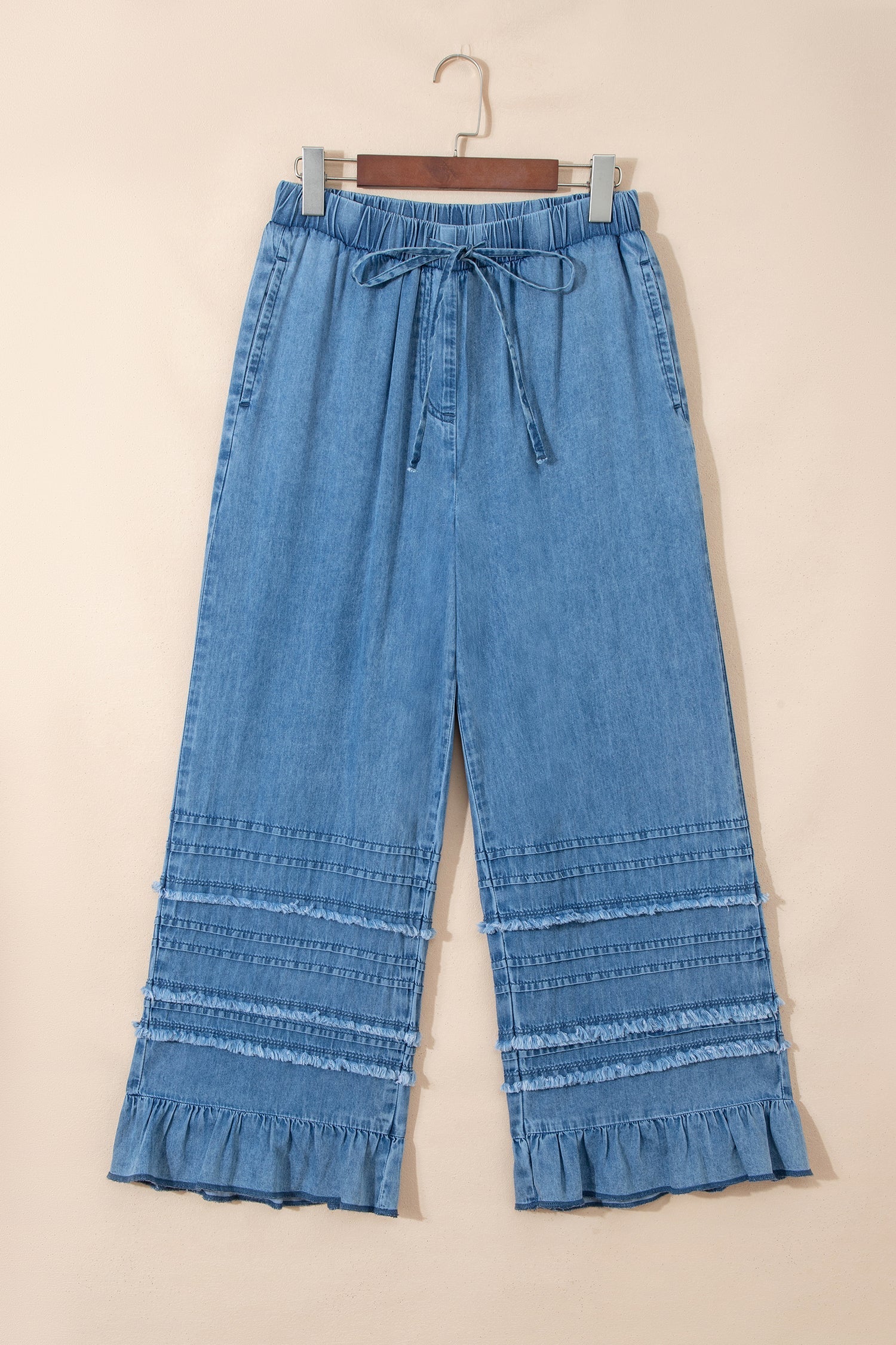 Dusk Hem Blue Ruffled Wide-Leg Chambray Pants