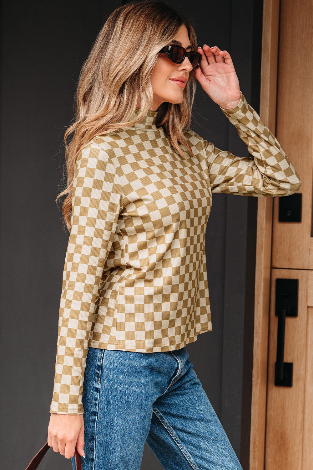 Turtleneck Check Pattern Rib-Knit Slim Long-Sleeved Tee in Khaki