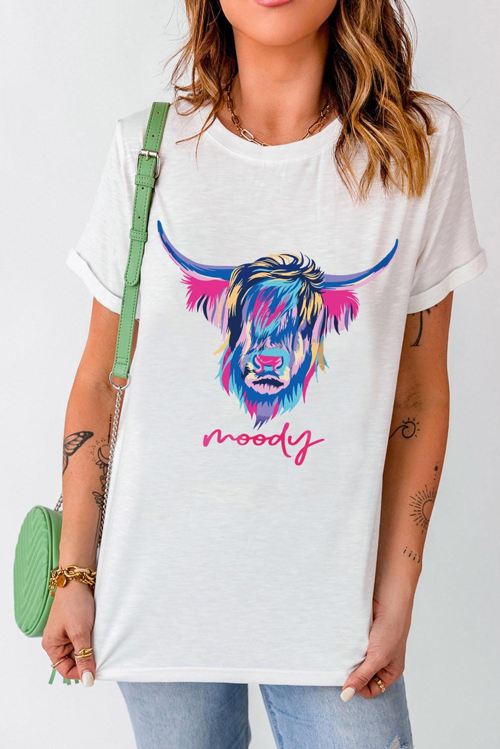 Women's T-shirt Featuring Highland Heifer Moody Graphic-Print