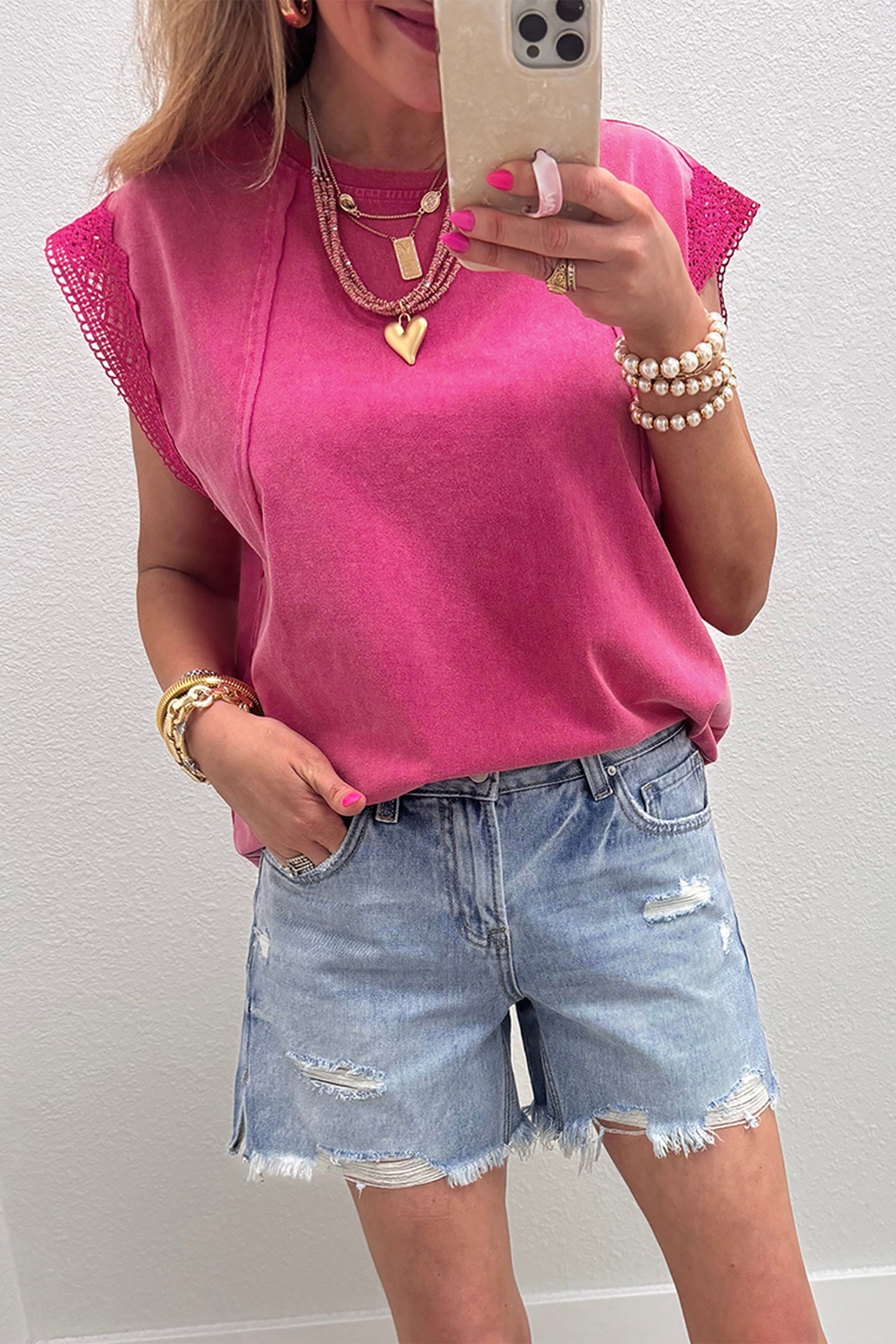 Raw Mineral Wash Seam Detail Lace Trim Cap Sleeve Top in Pink